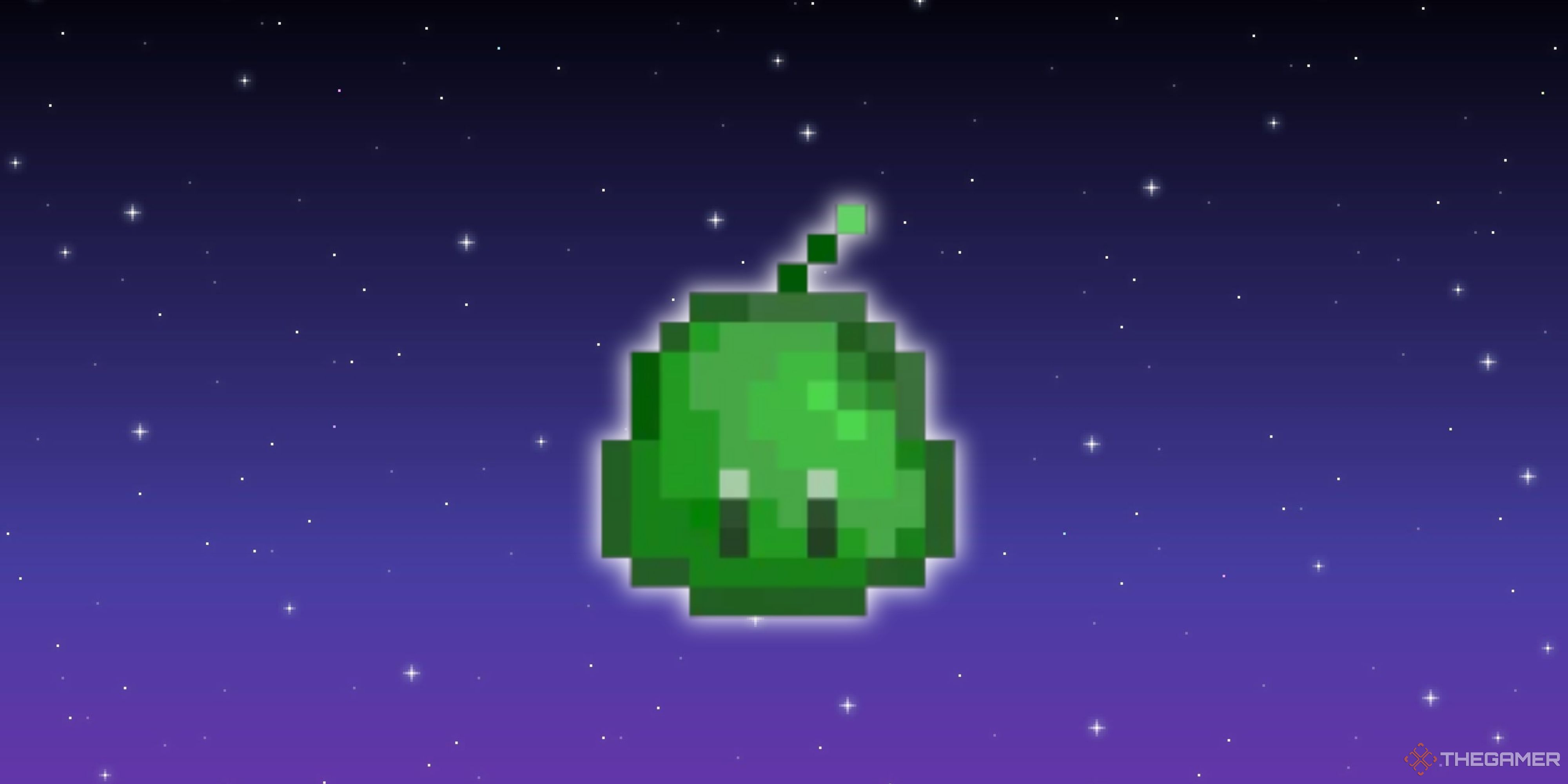 A Stardew Valley Slime in front of a pixel starry background.