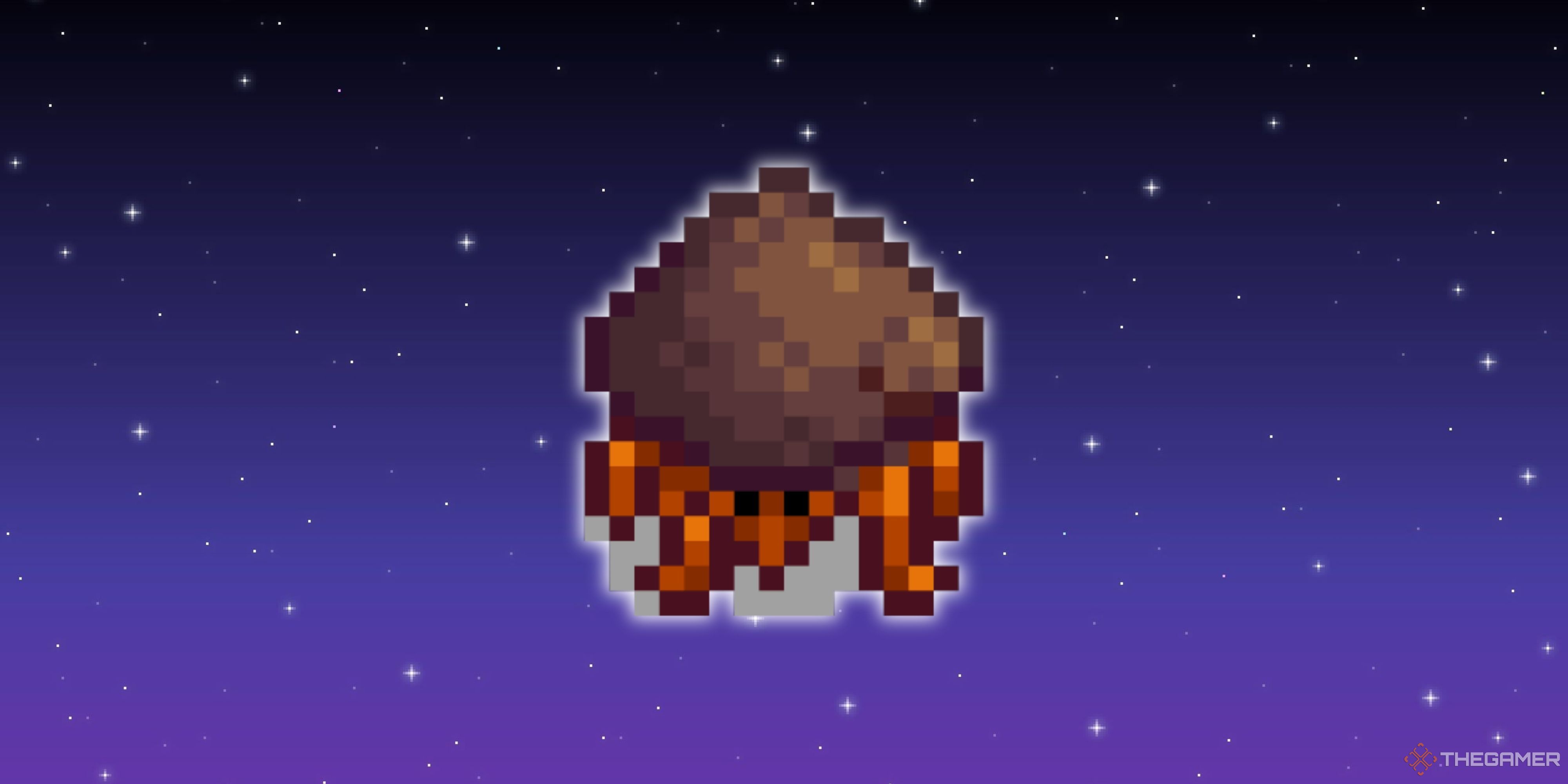 A Stardew Valley Crab in front of a pixel starry background.