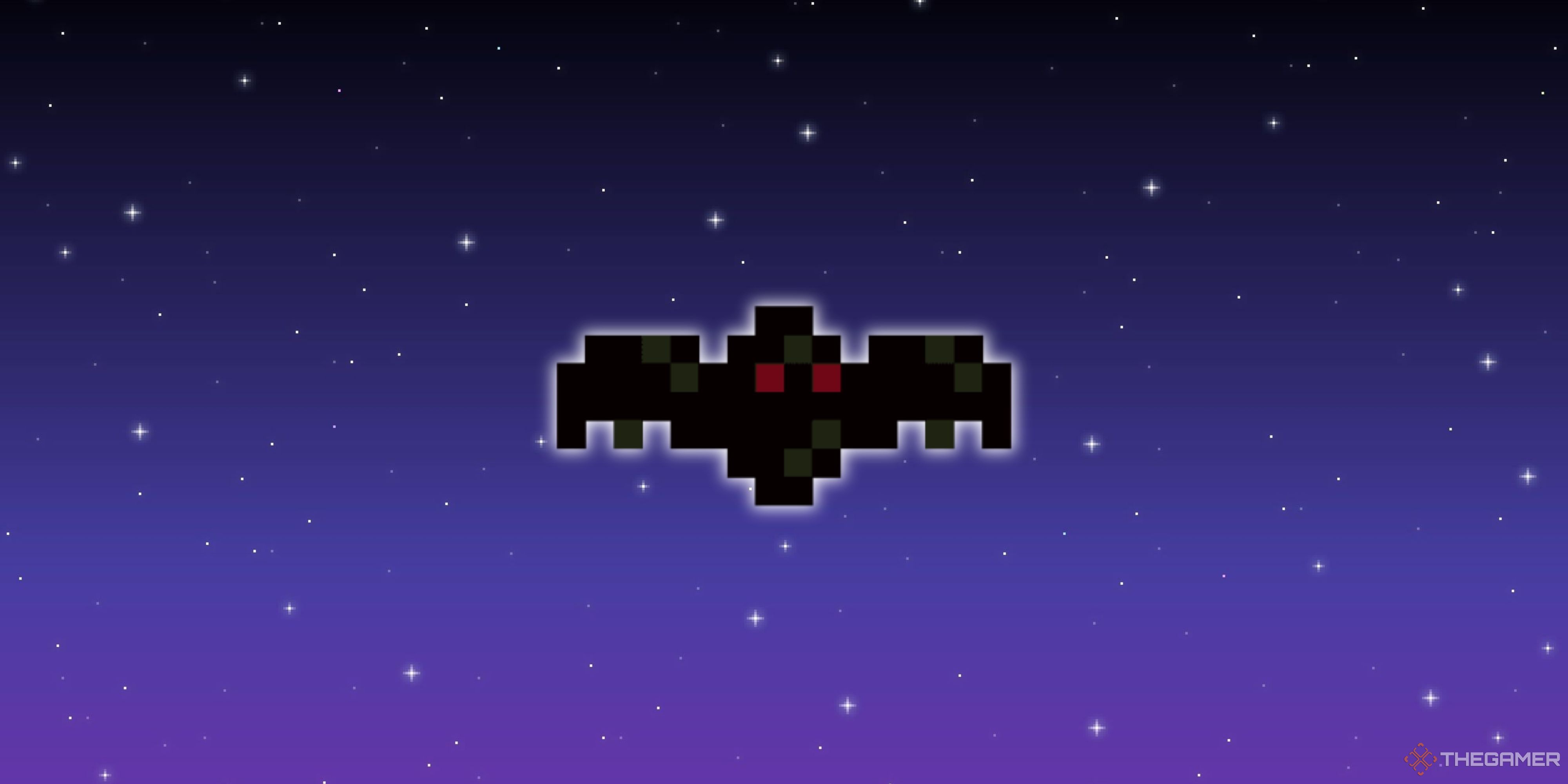 A Stardew Valley bat in front of a pixel starry background.