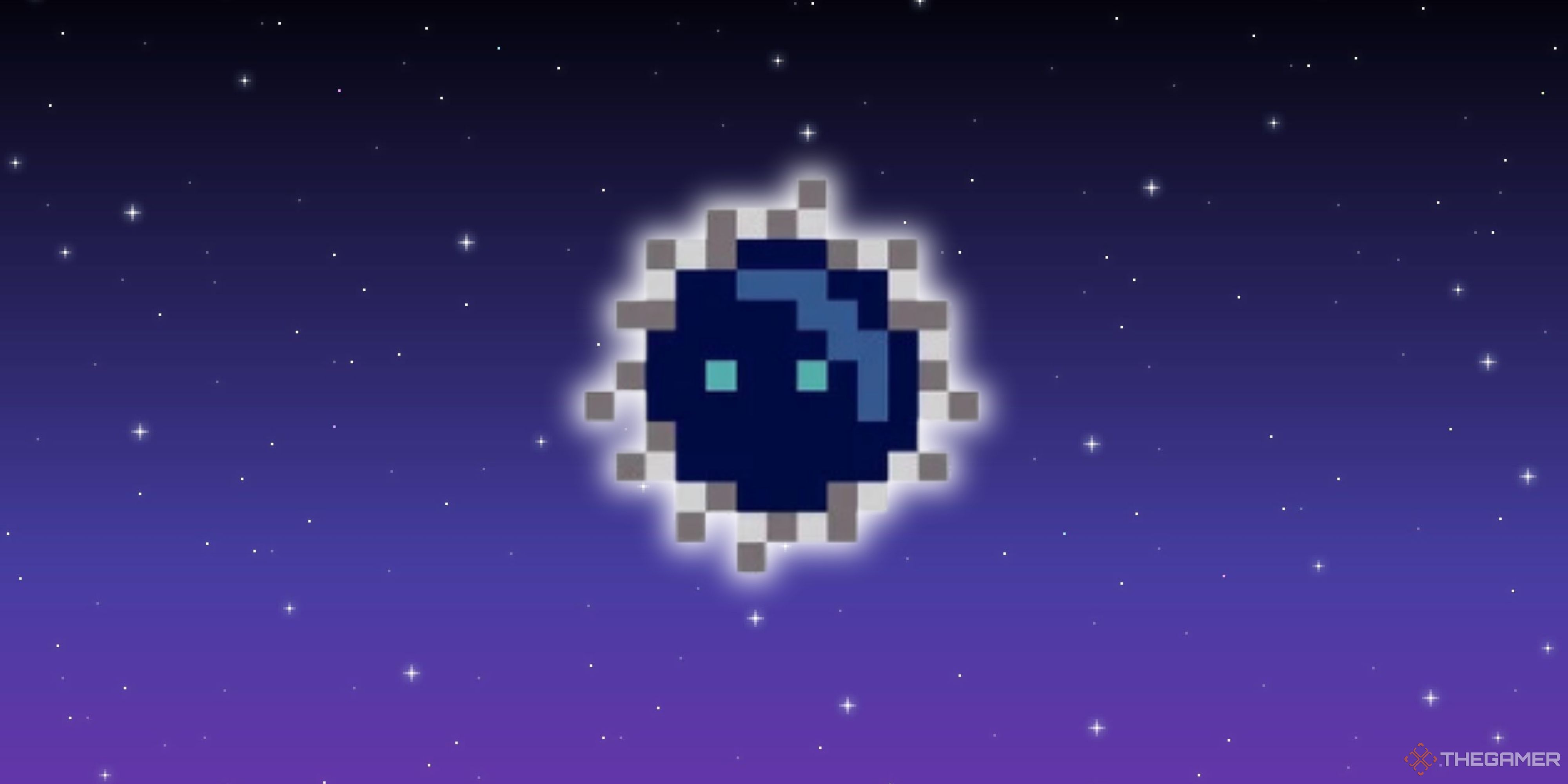 A Stardew Valley sprite in front of a pixel starry background.