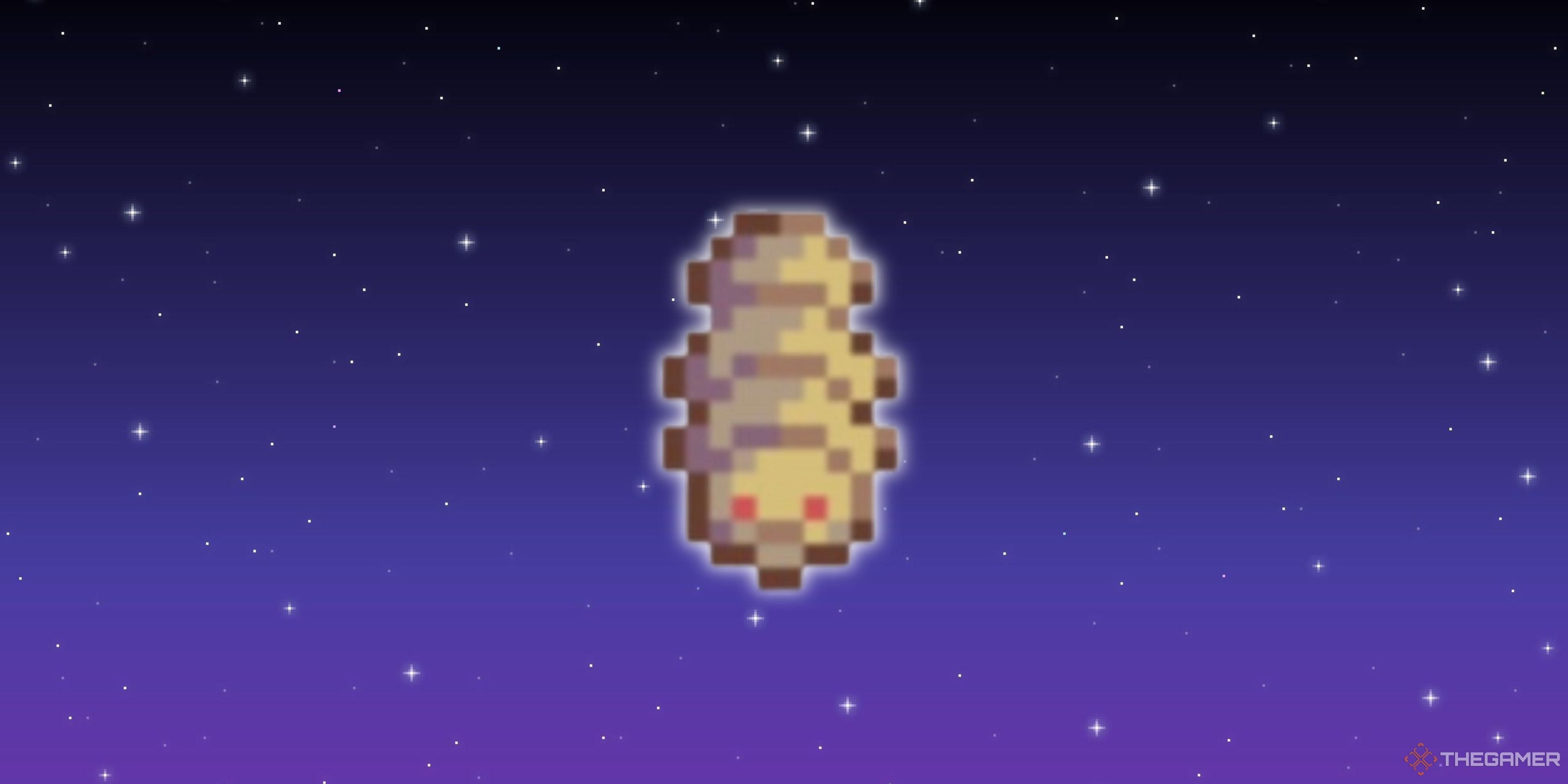 A Stardew Valley dinosaur in front of a pixel starry background.