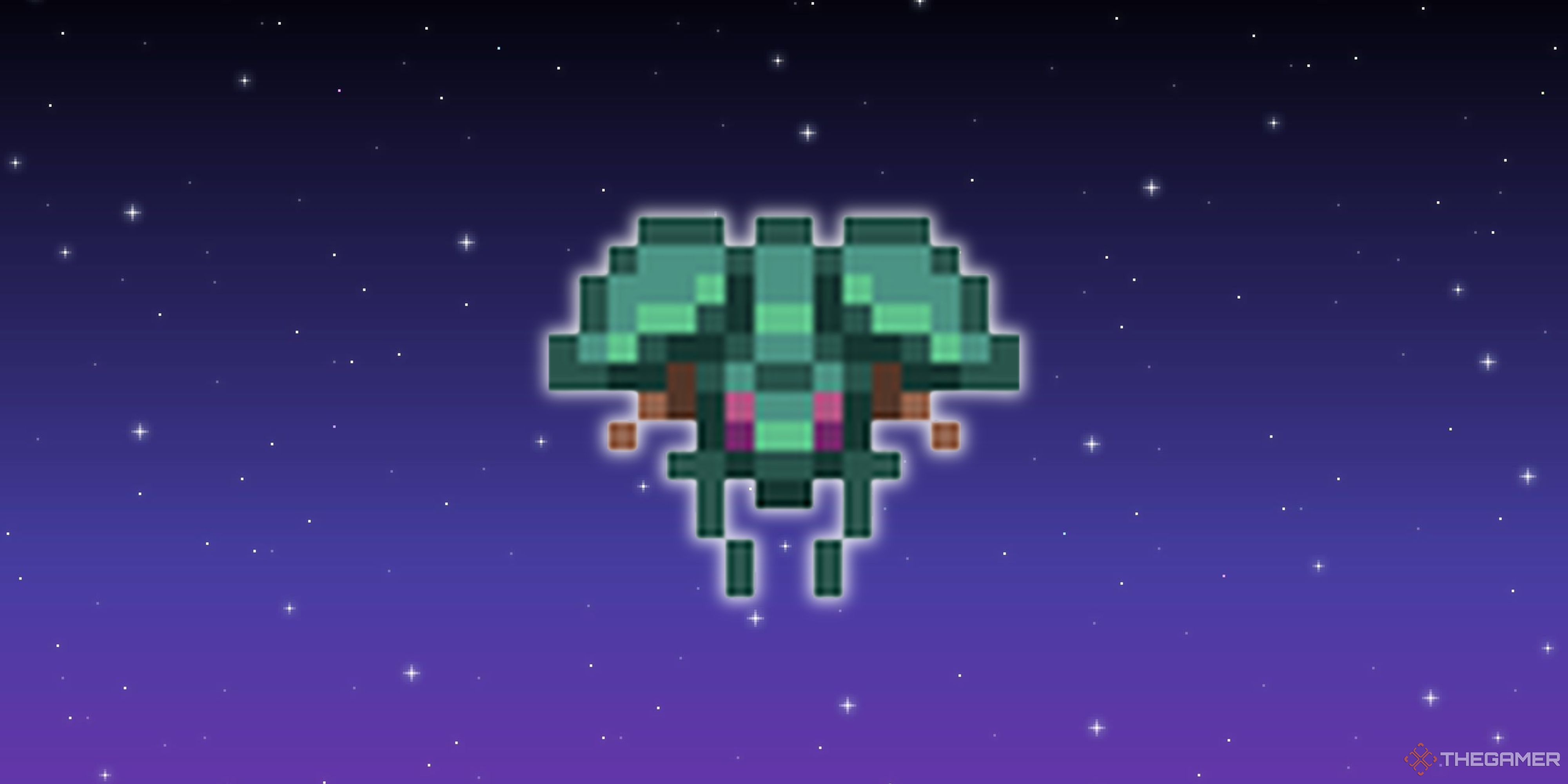 A Stardew Valley bug in front of a pixel starry background.