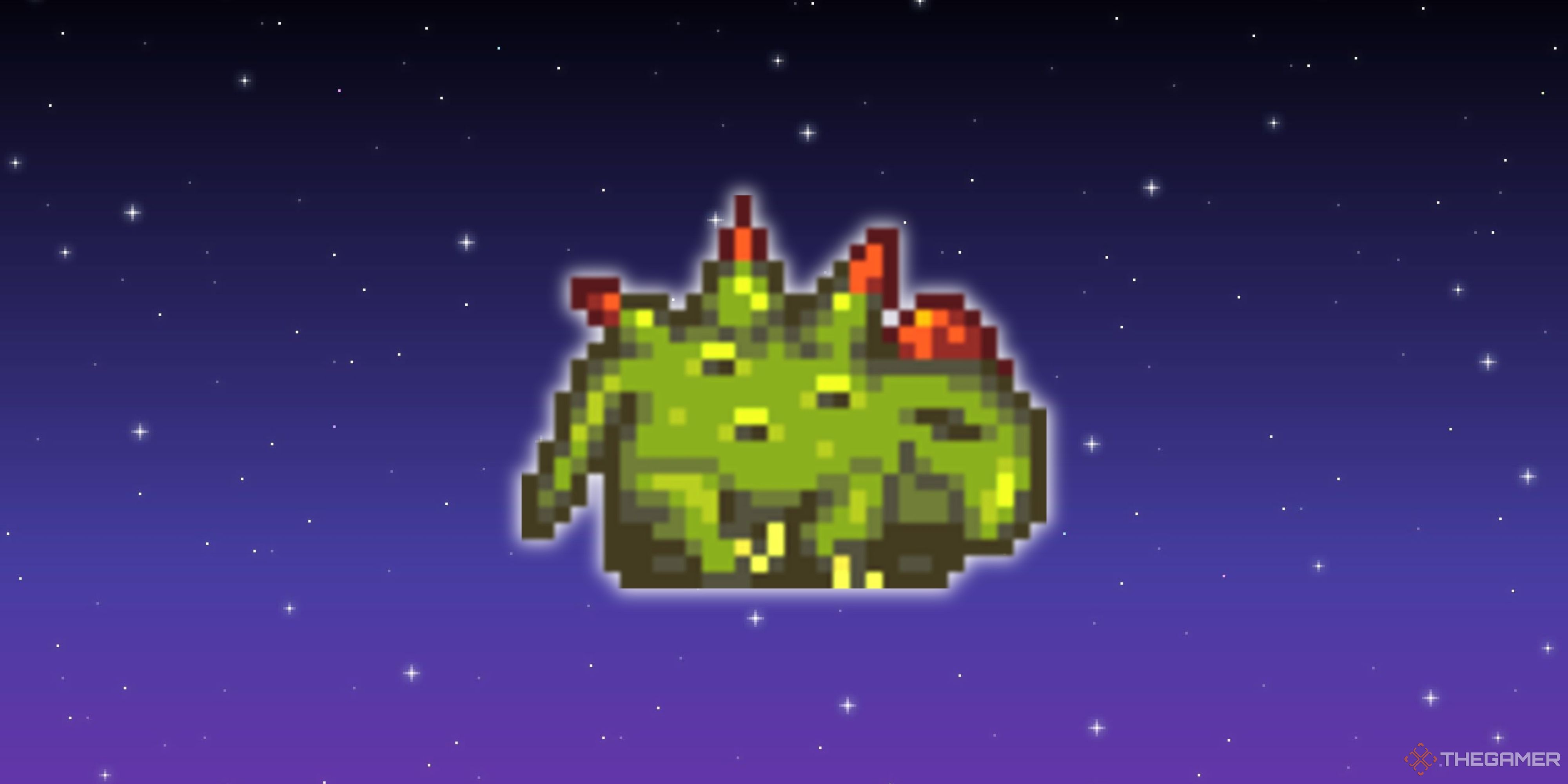 A Stardew Valley dinosaur in front of a pixel starry background.