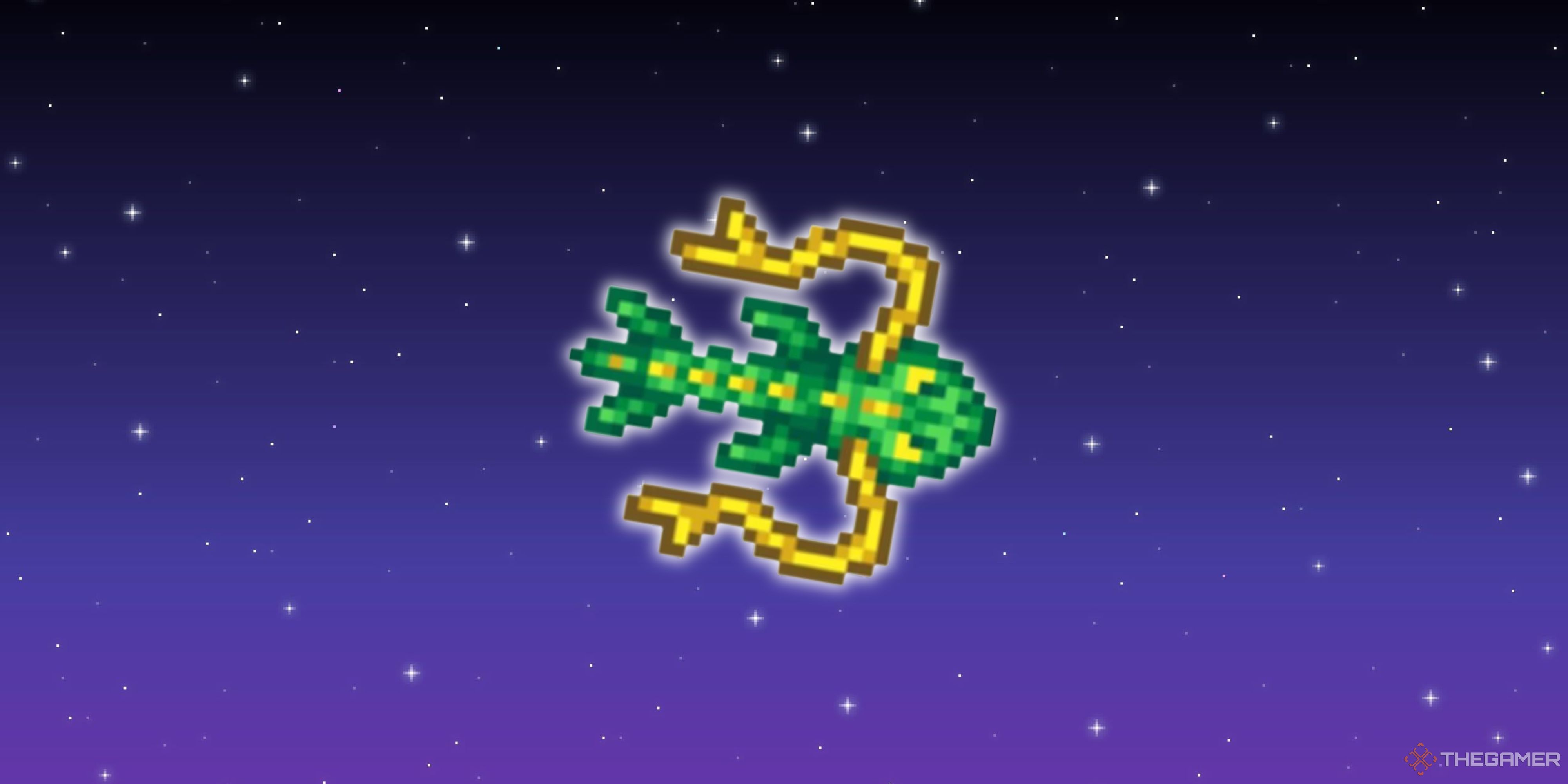 A Stardew Valley serpent in front of a pixel starry background.