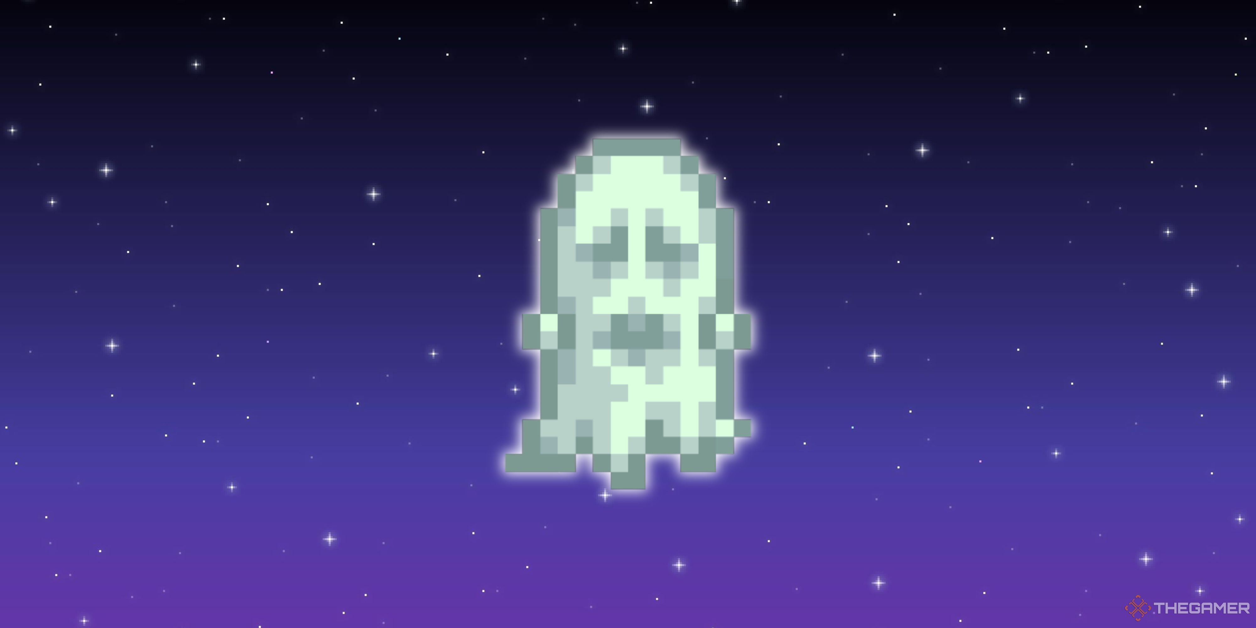 A Stardew Valley ghost in front of a pixel starry background.