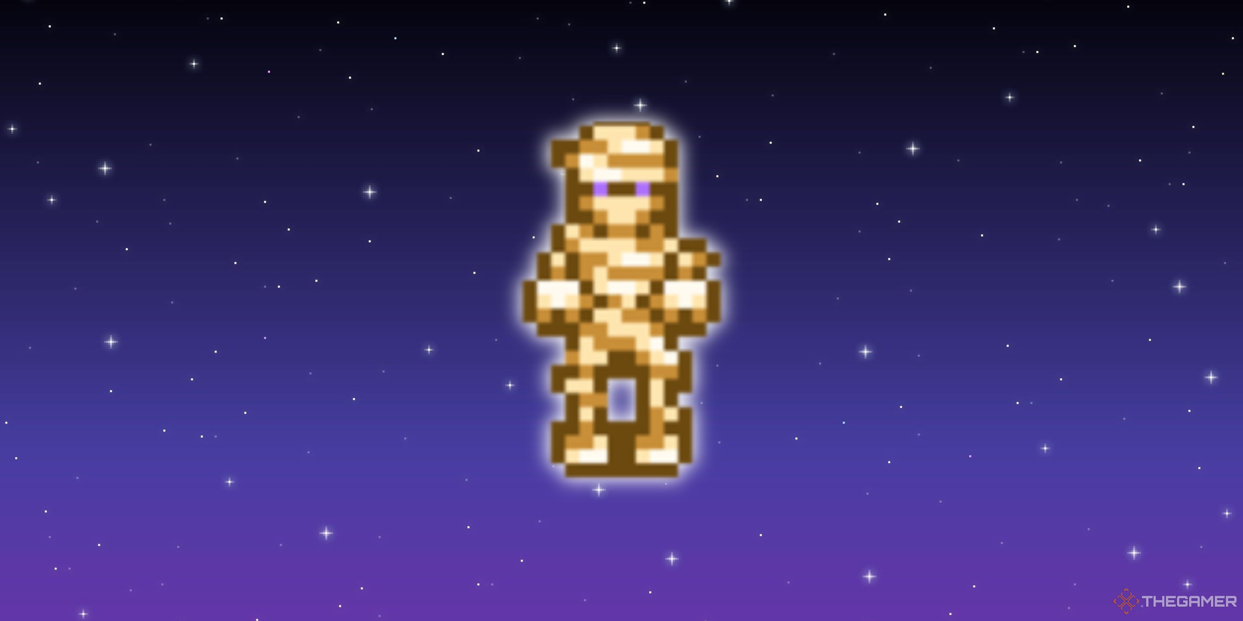 A Stardew Valley skeleton in front of a pixel starry background.