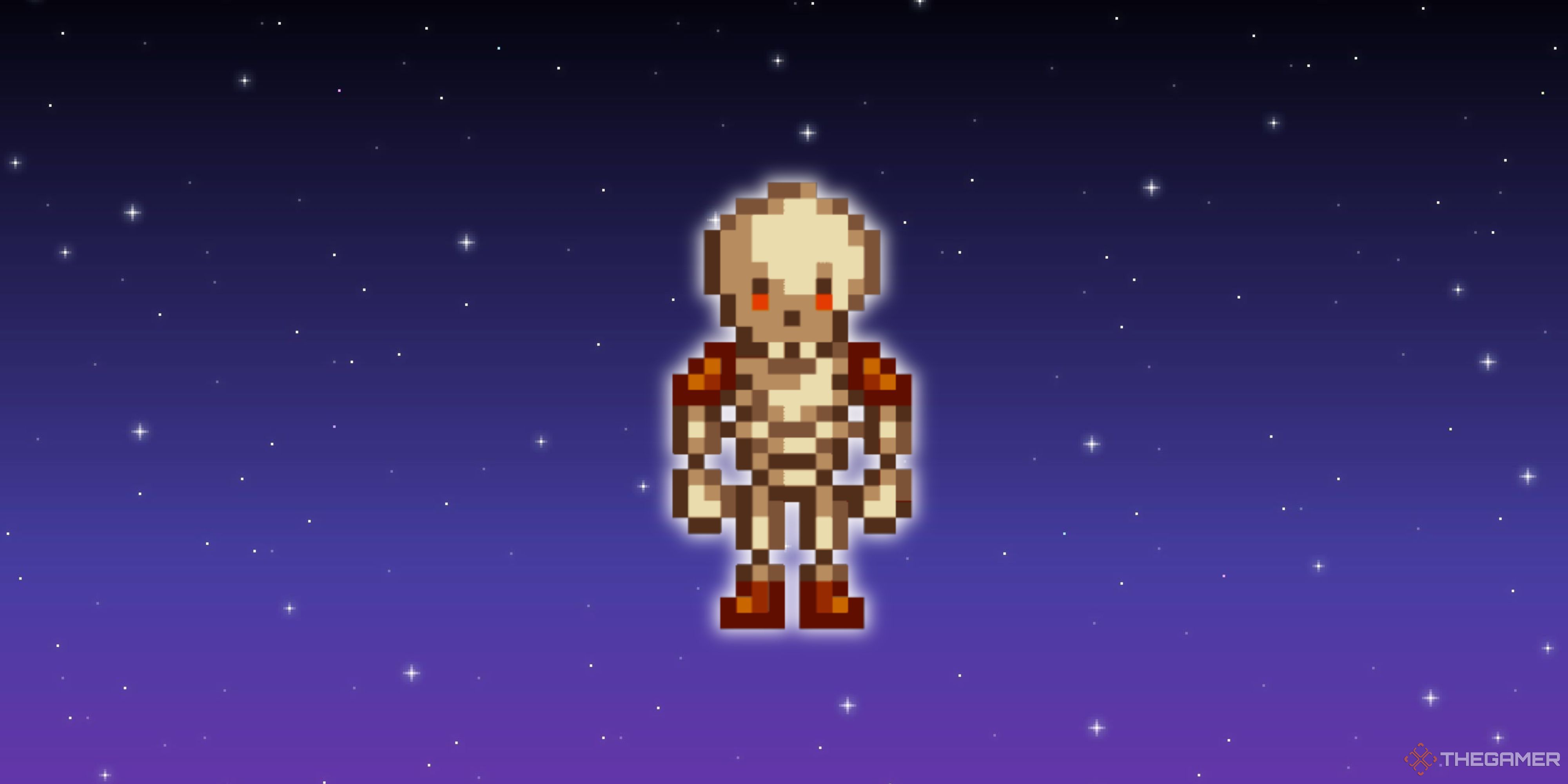 A Stardew Valley skeleton in front of a pixel starry background.