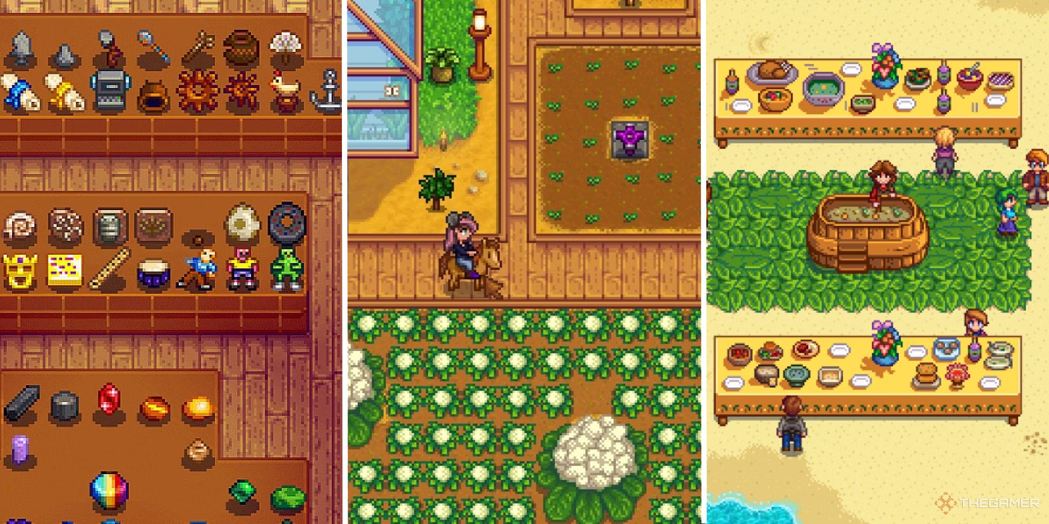 A split image showing three scenes from Stardew Valley (luau, giant crop, museum).