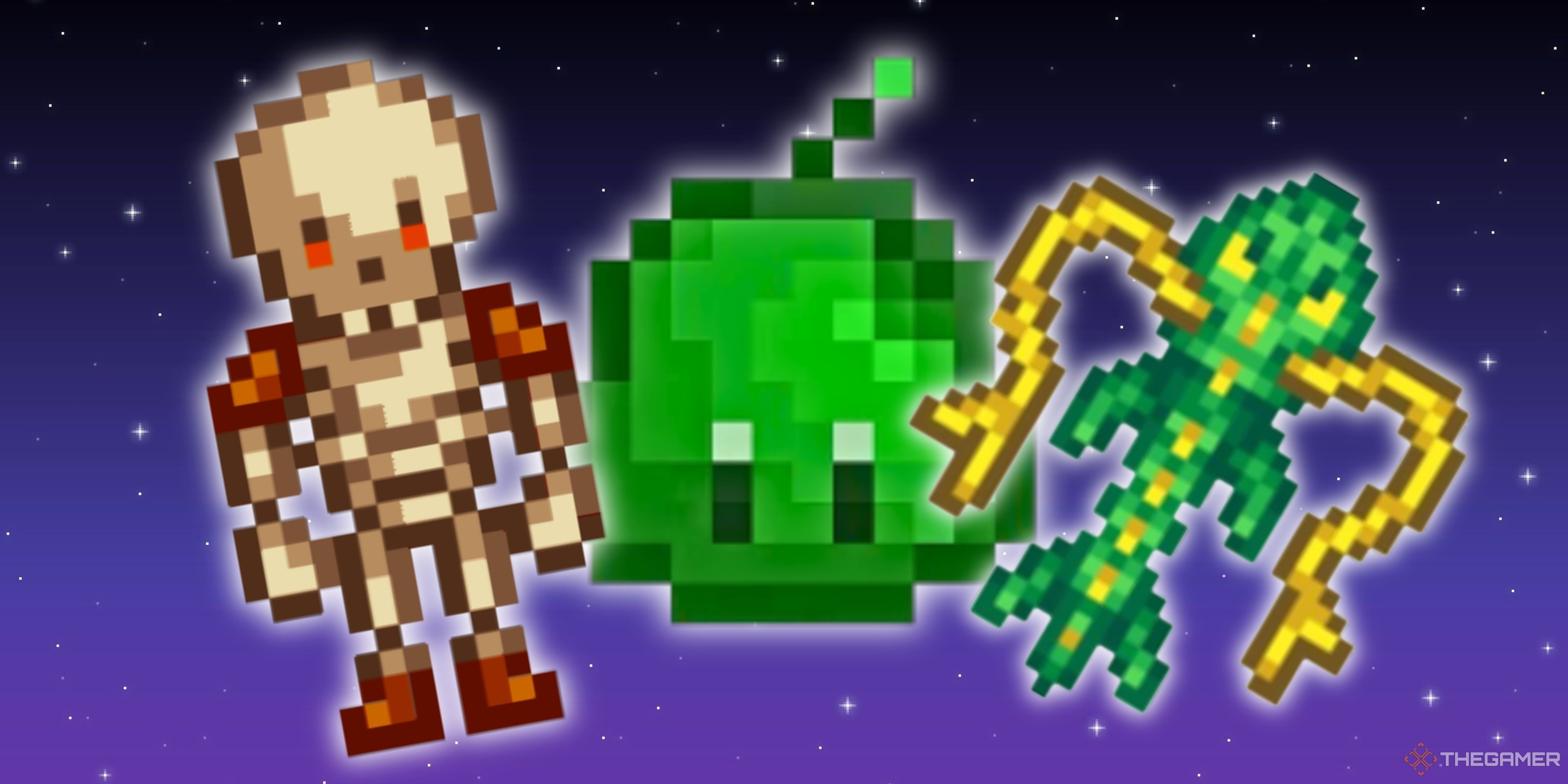 A skeleton, a slime, and a serpent in front of a galaxy background.