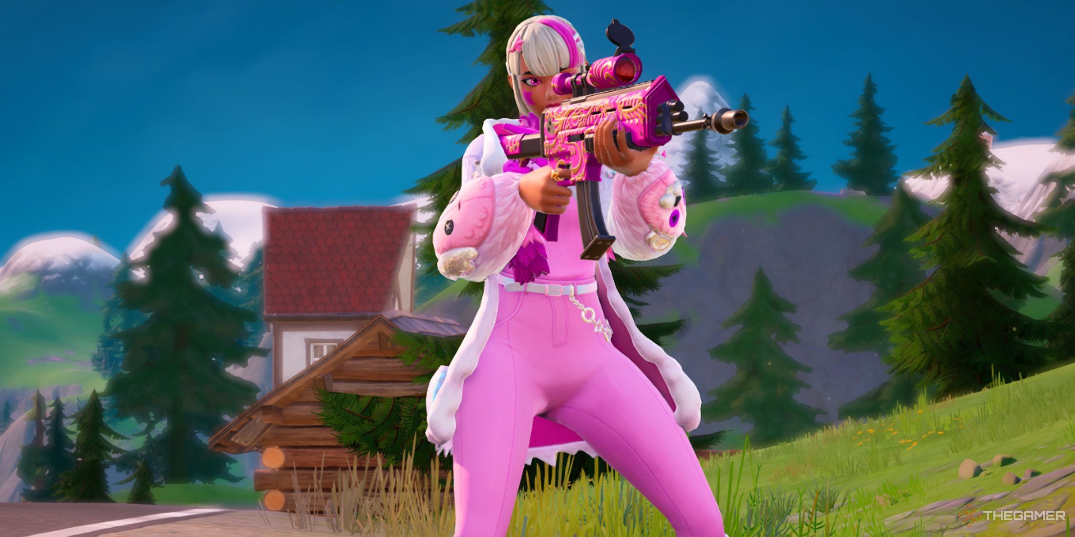 A screenshot of a Fortnite character aiming down the sights in Fortnite: Chapter 2 Remix. 