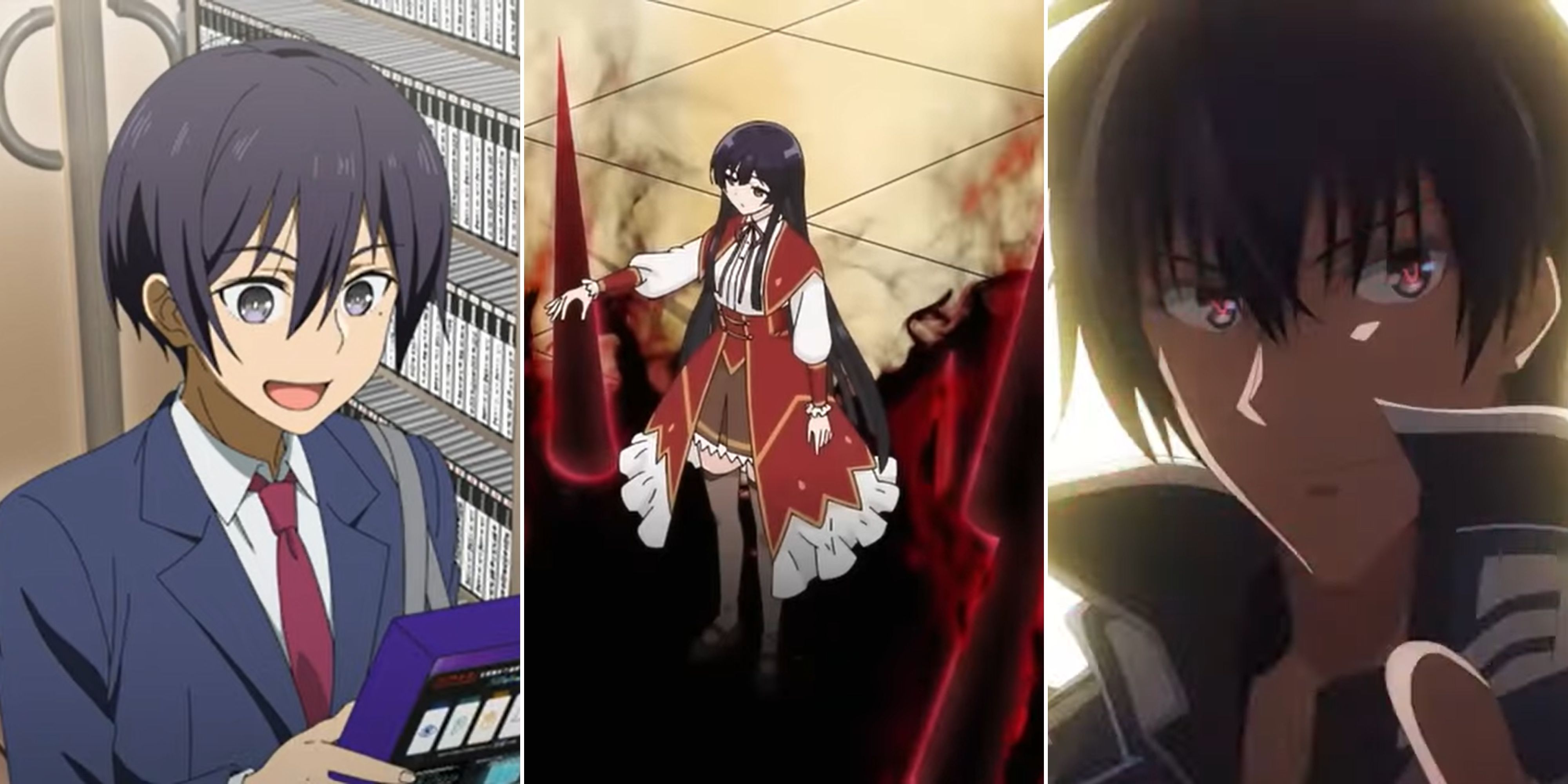 The protagonists from three anime are featured. From left to right we see Hiro from Full Drive, Yumiella from Villainess Level 99, and Anos from Demon King Academy.