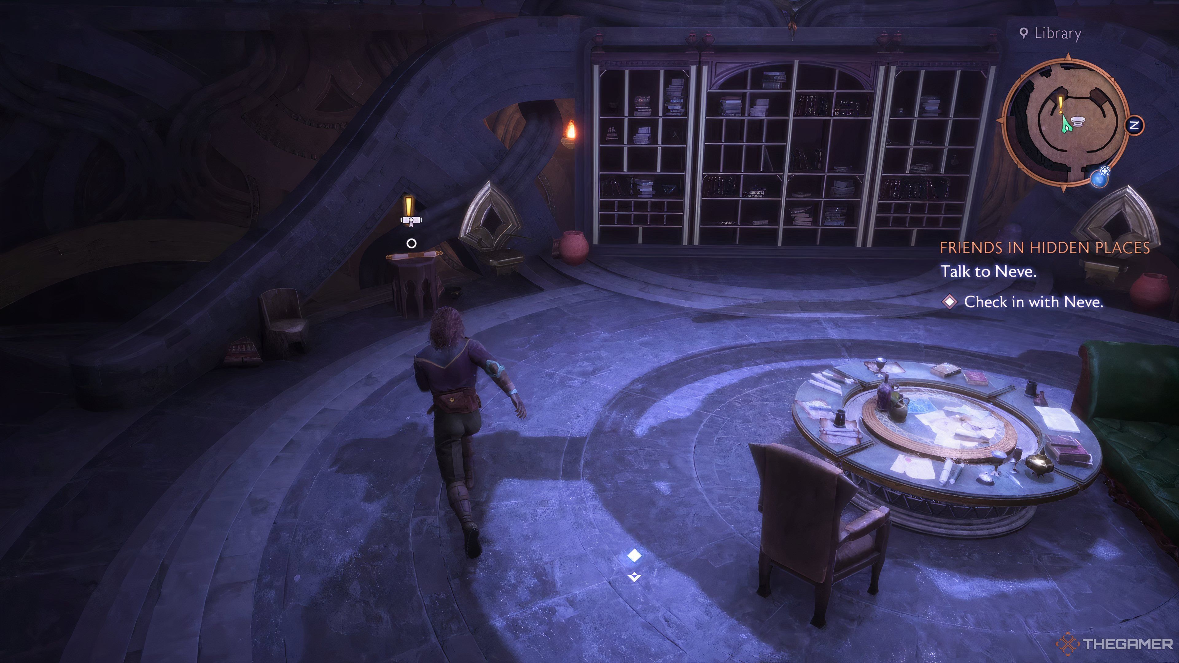 Rook running towards a rolled up scroll with a quest marker above it in the Library in Dragon Age: The Veilguard.