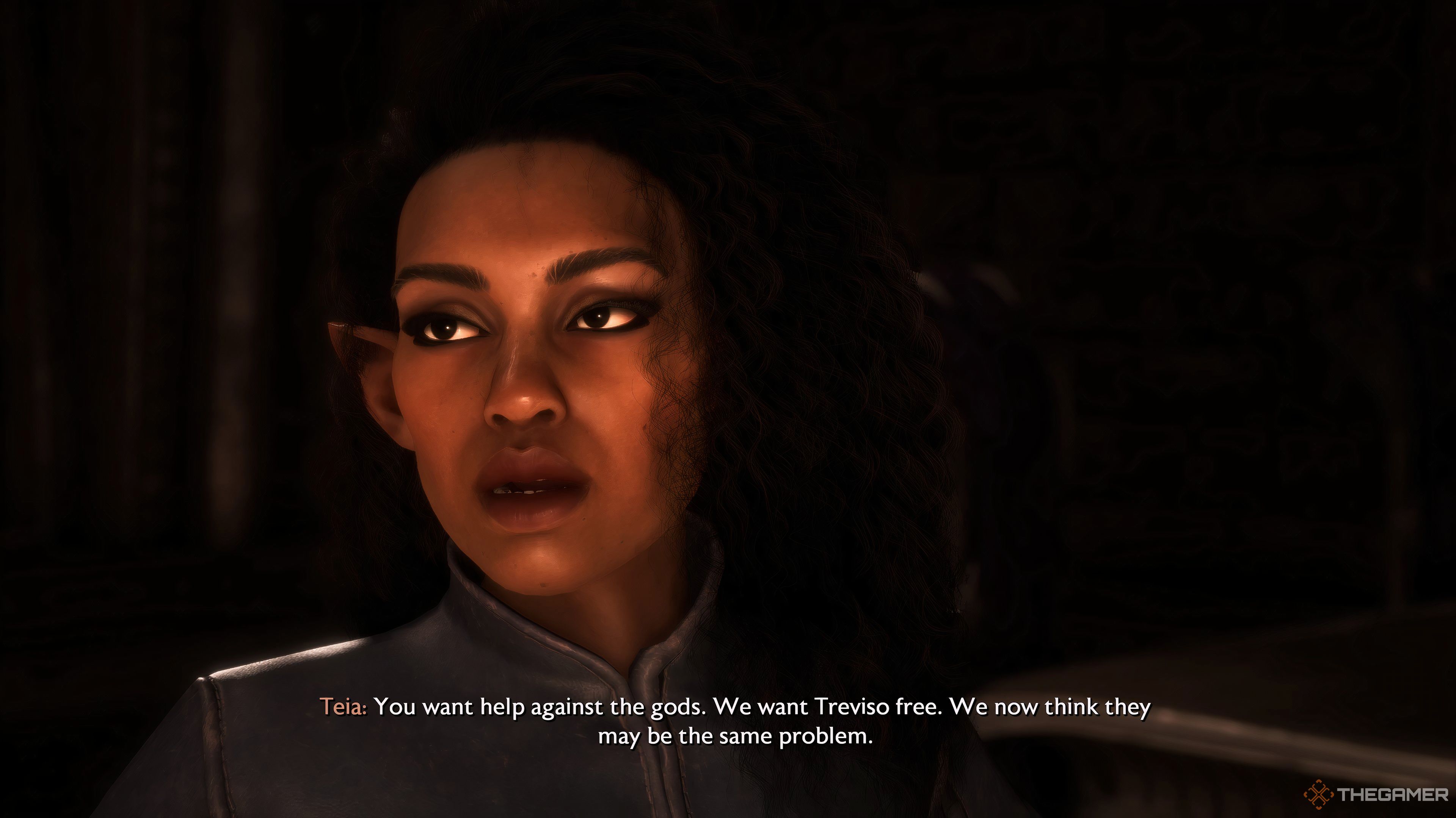 Teia asking the player Rook for assistance with freeing Treviso in return for helping them in Dragon Age: The Veilguard.