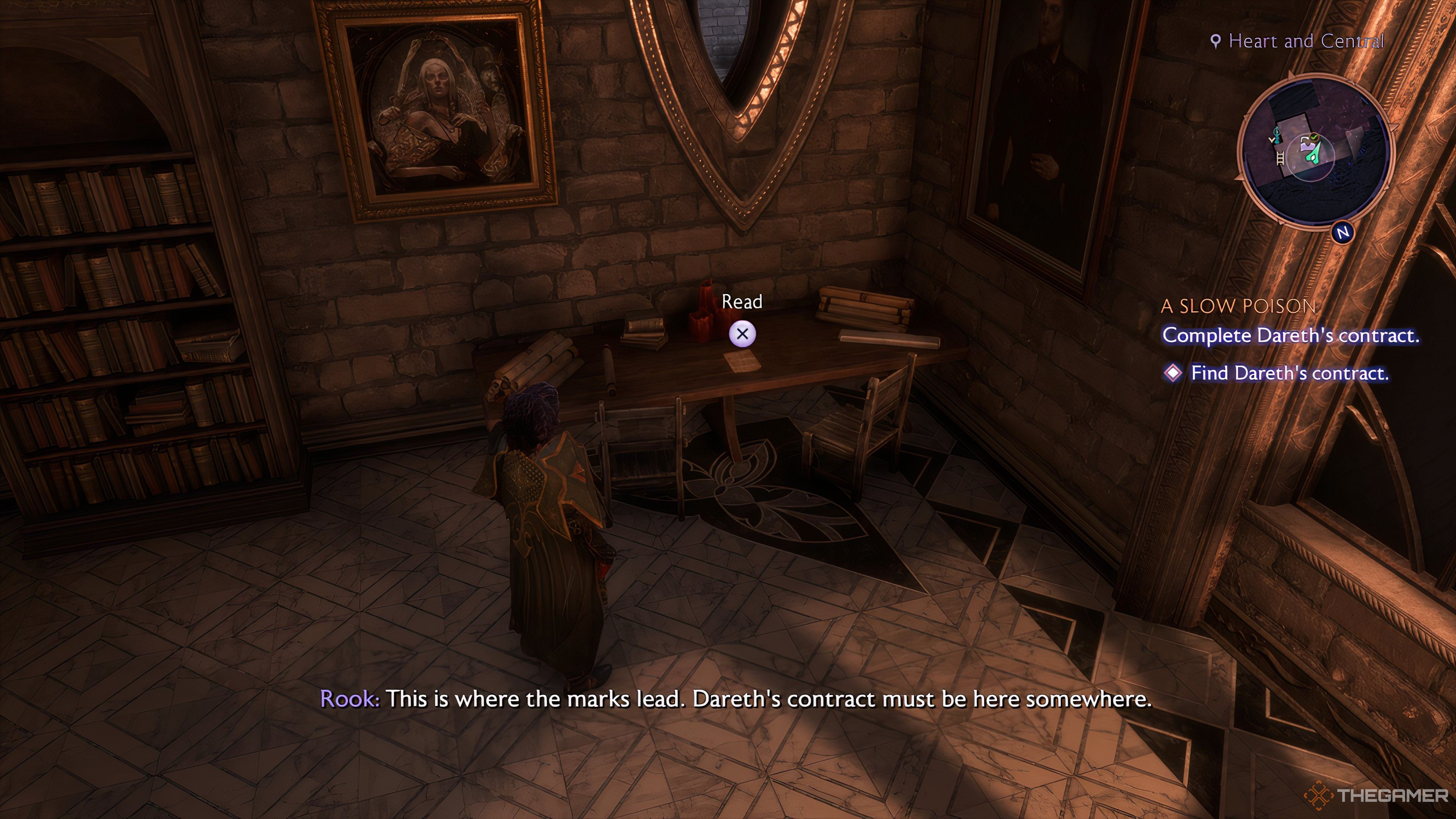 Player Rook standing by a desk with Daleth's contract on it in Dragon Age: The Veilguard.