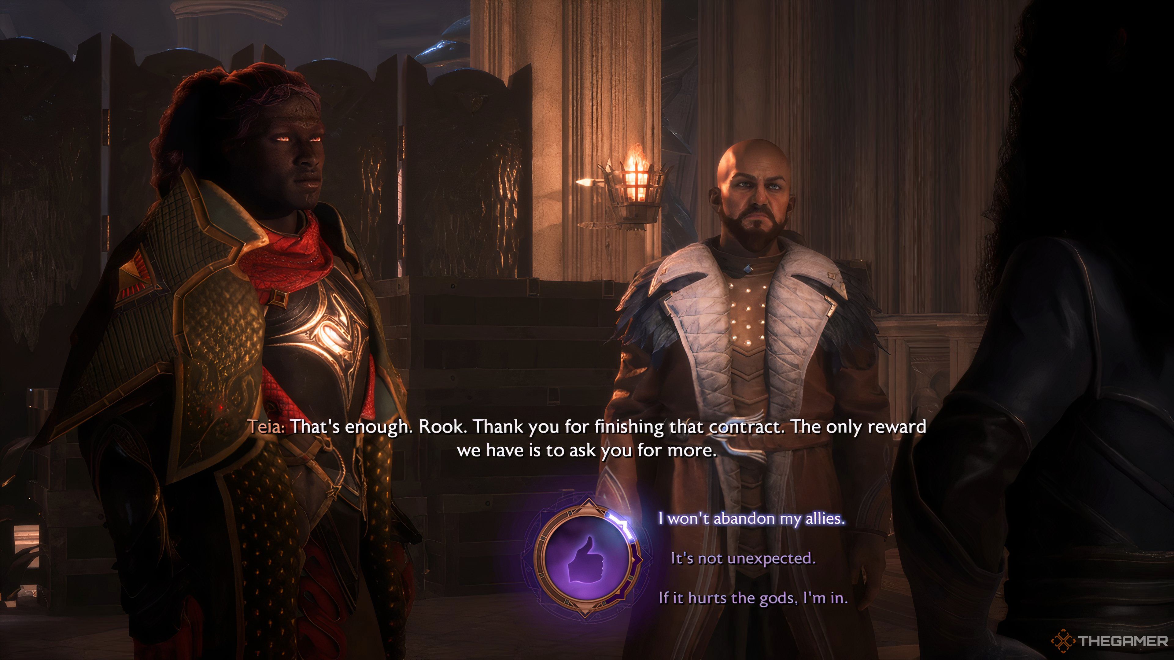 Player Rook speaking with Teia during A Slow Poison in Dragon Age: The Veilguard.