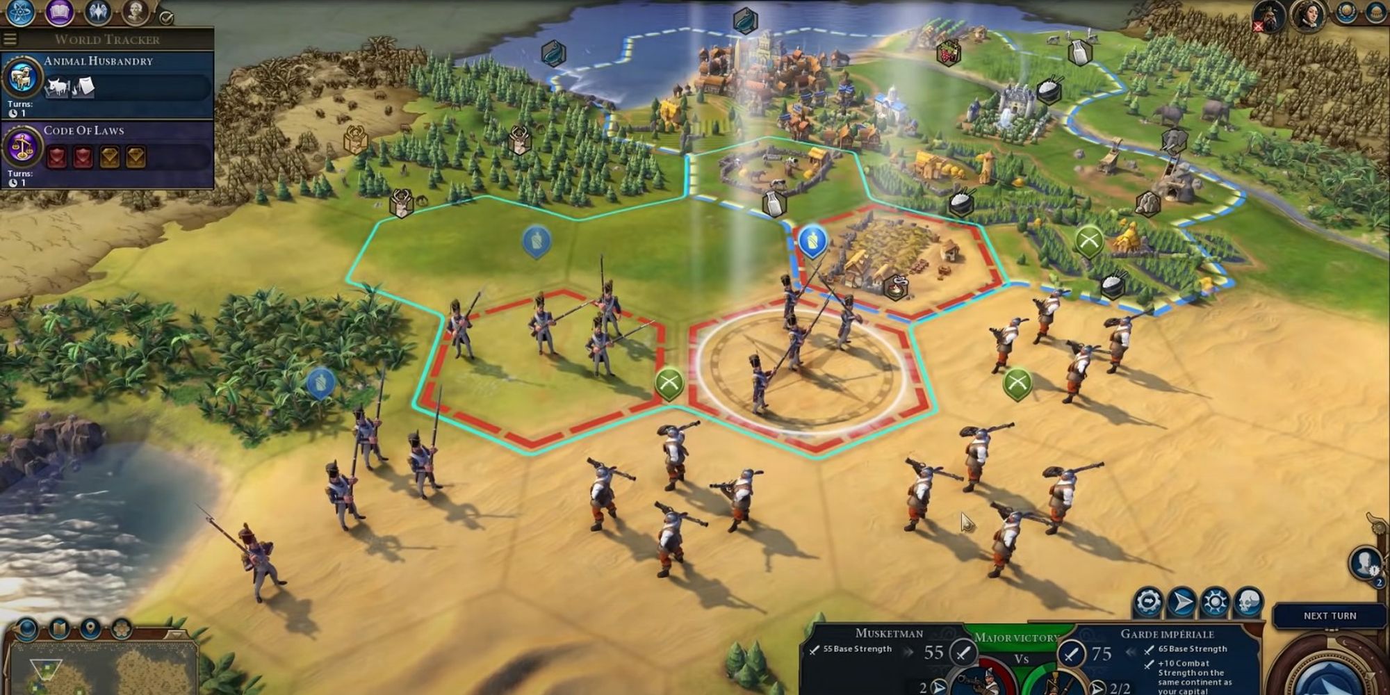 Close-up of the map in Civilisation 6, showing soldiers and a nearby town.