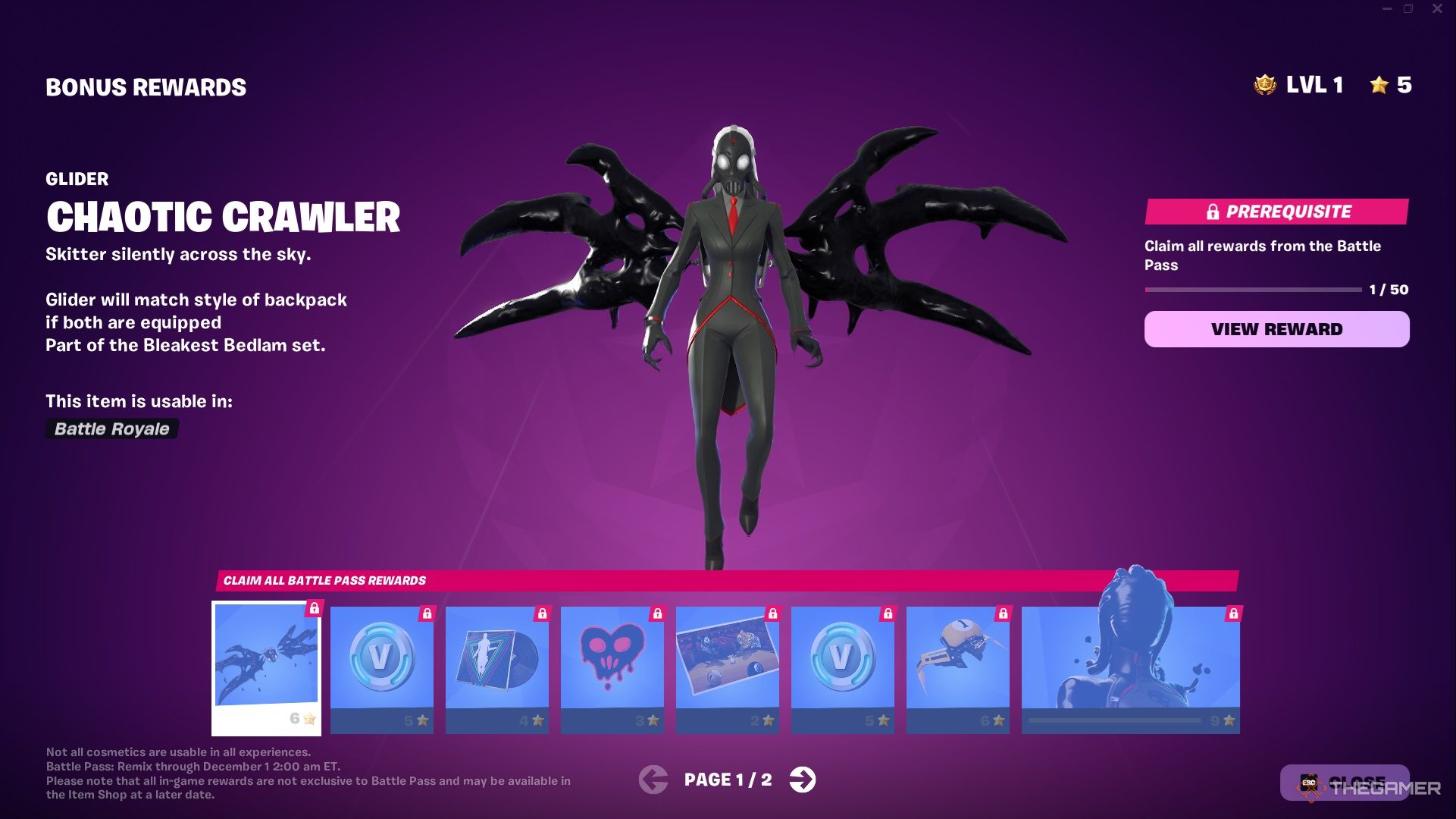 A screenshot from Fortnite: Chapter 2 Remix's Battle Pass, specifically, items from the bonus rewards.