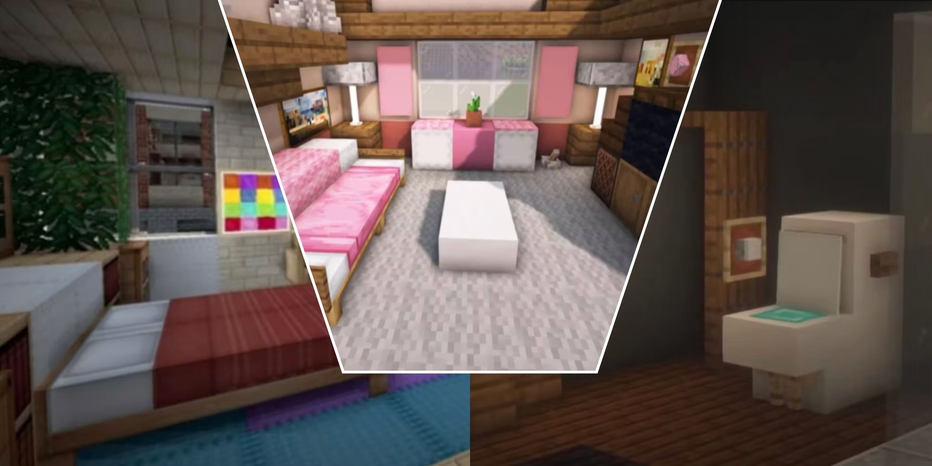 Collage image featuring a bedroom, living room, and bathroom design from Minecraft