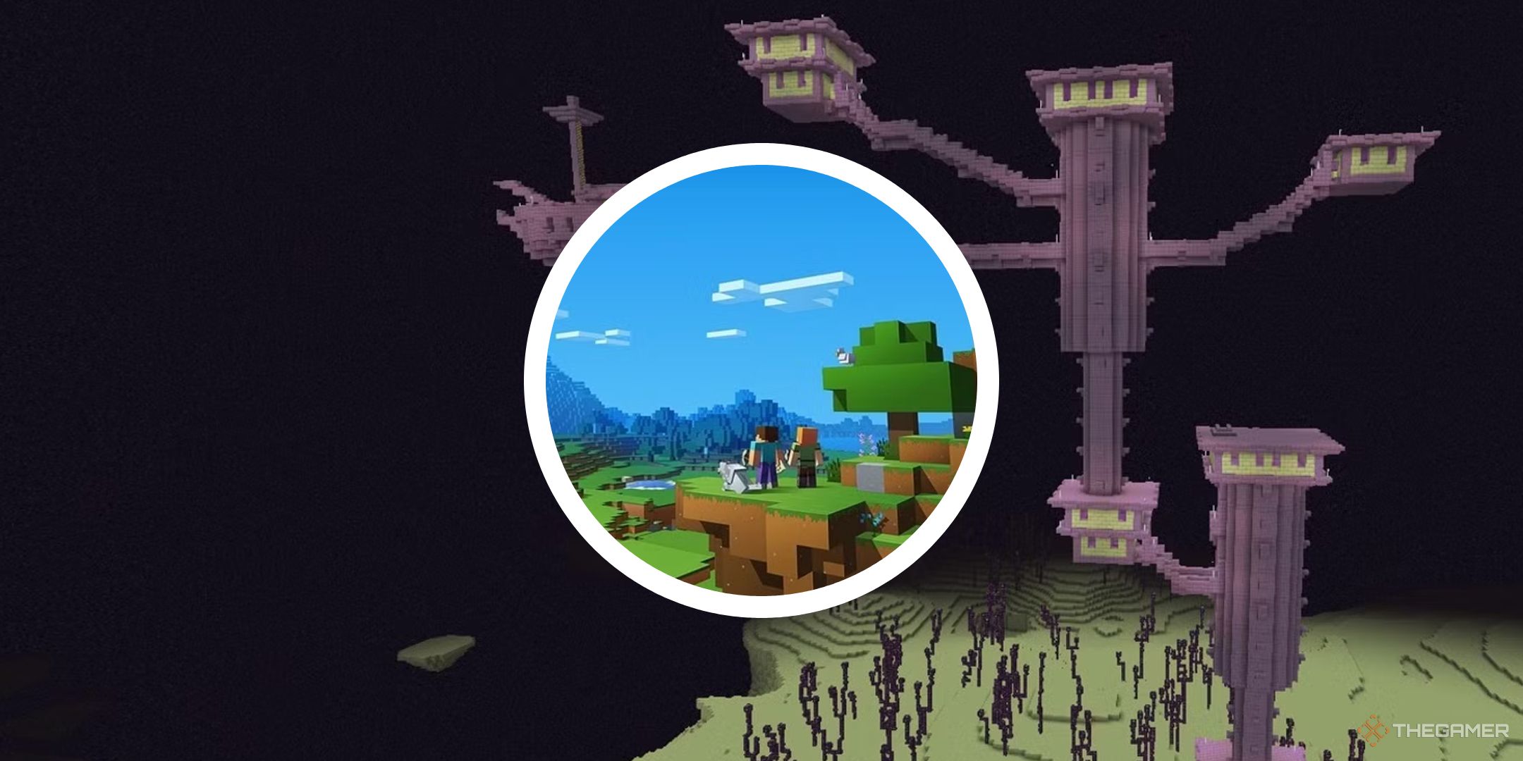 An image of an End City with a circle PNG of Minecraft promotional art showing two players looking out to the world.