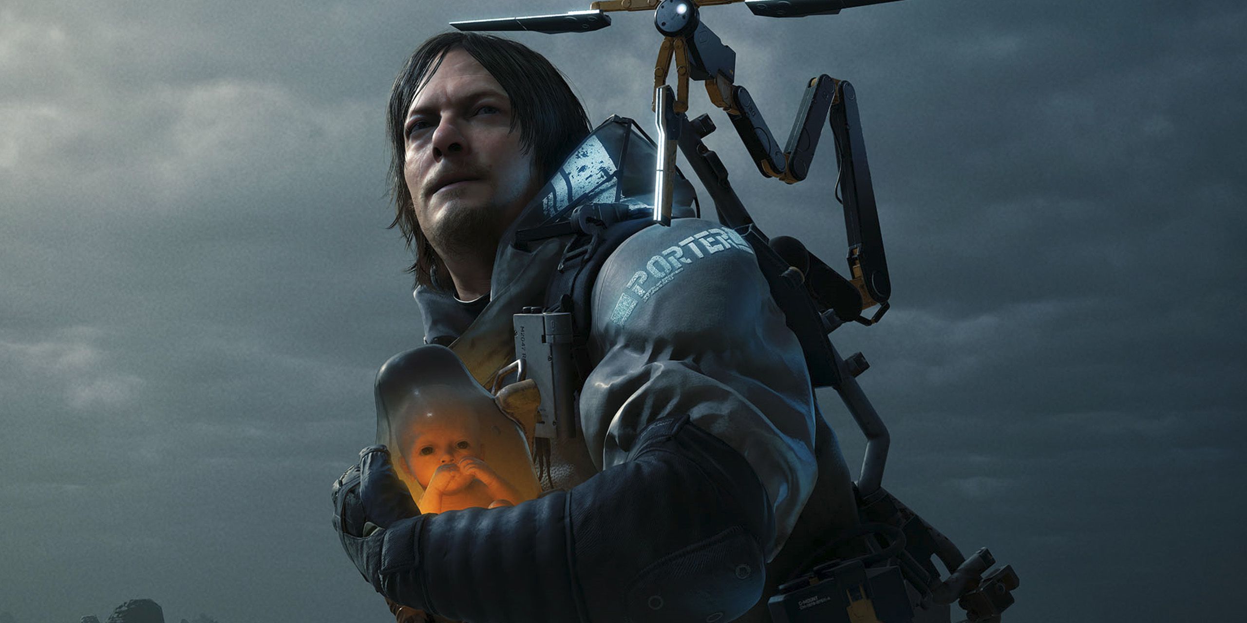 Sam Bridges holding a baby during a dark, cloudy night in Death Stranding.