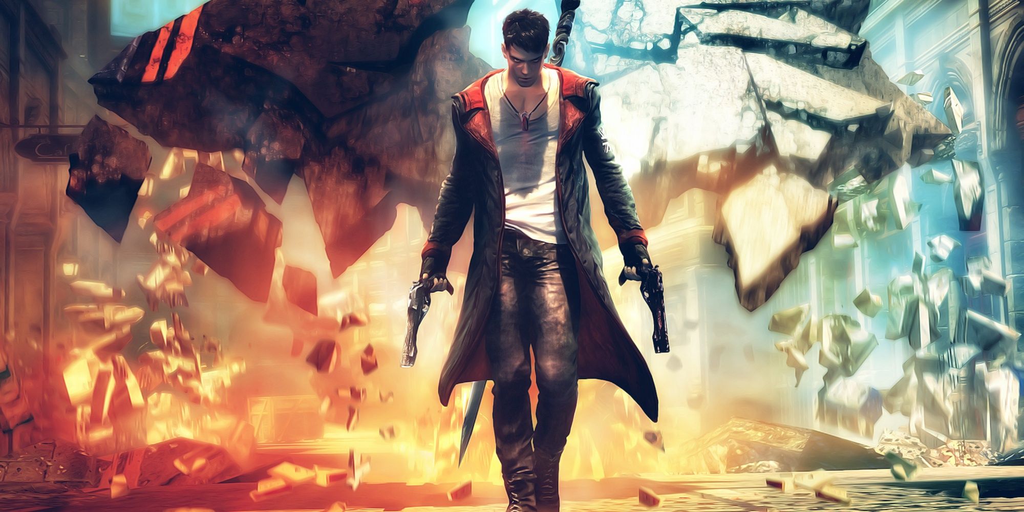 Dante dual wielding pistols and walking away from a chaotic backdrop in DmC: Devil May Cry.