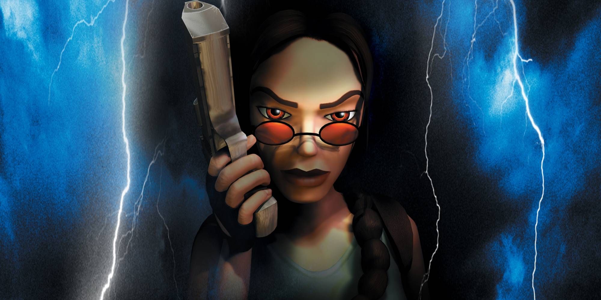 Lara Croft holds up a gun while she looks over her orange shades.