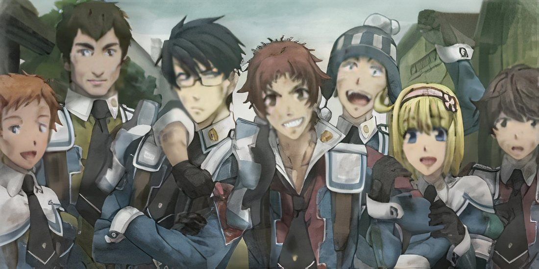 A group photo of Valkyria Chronicles 2 characters, muddy and triumphant after winning a battle.