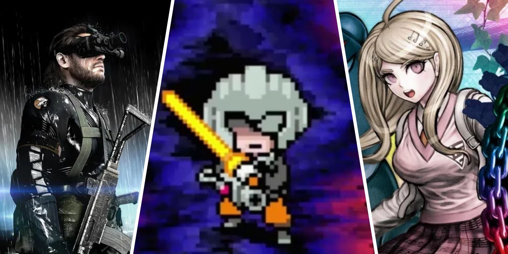 Split image featuring Big Boss from Metal Gear Solid 5, Claus from Mother 3, and Kaede from Danganronpa V3. 