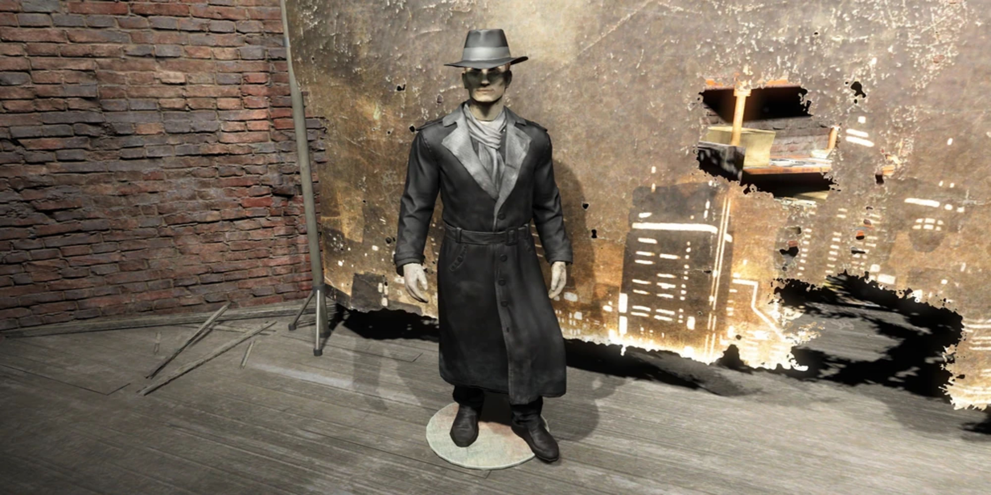 The Silver Shroud Costume on display at Hubris Comics in Fallout 4.