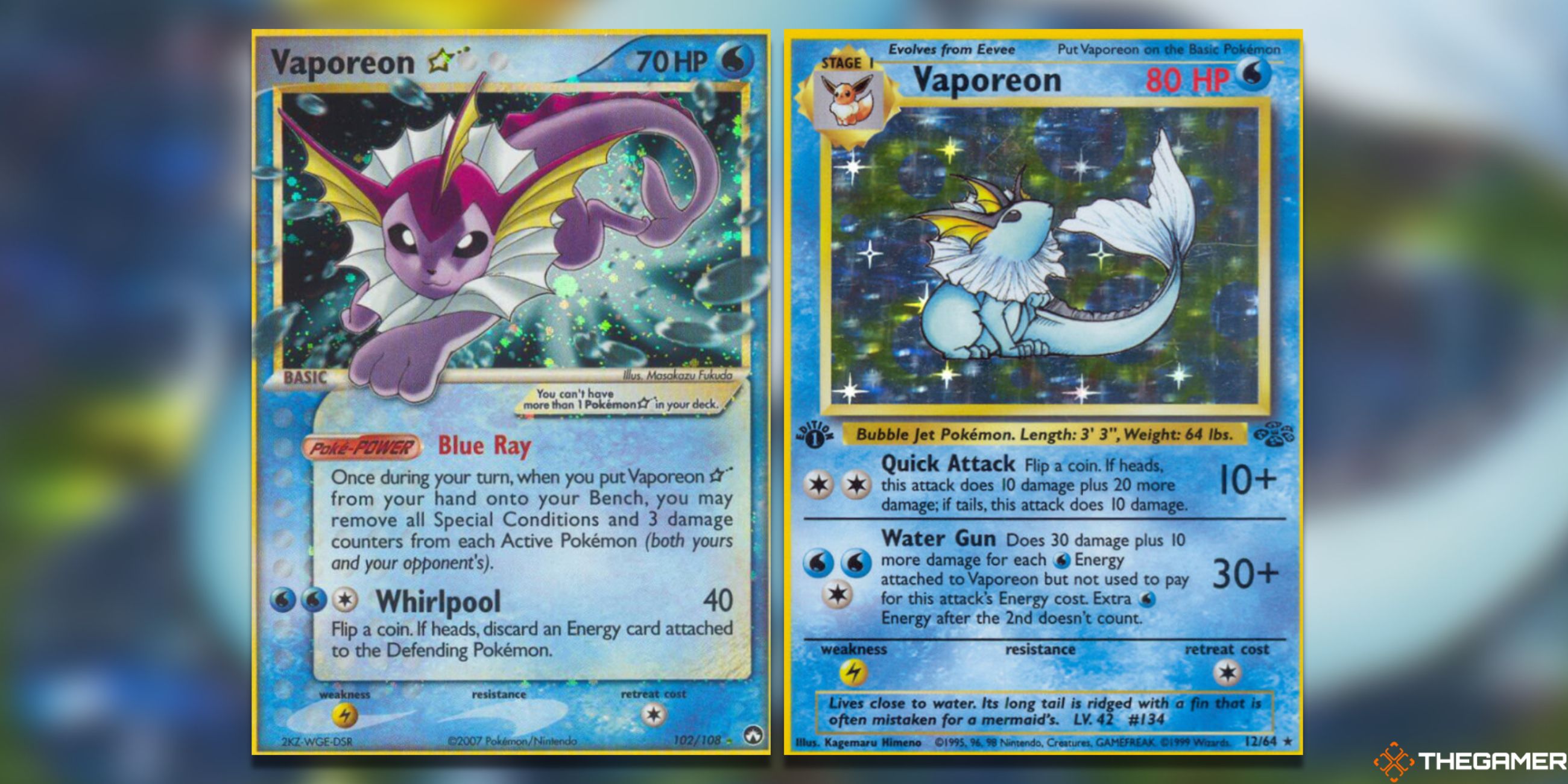 The Vaporeon Star from Power Keepers and Vaporeon from First Edition Jungle in the Pokemon TCG.