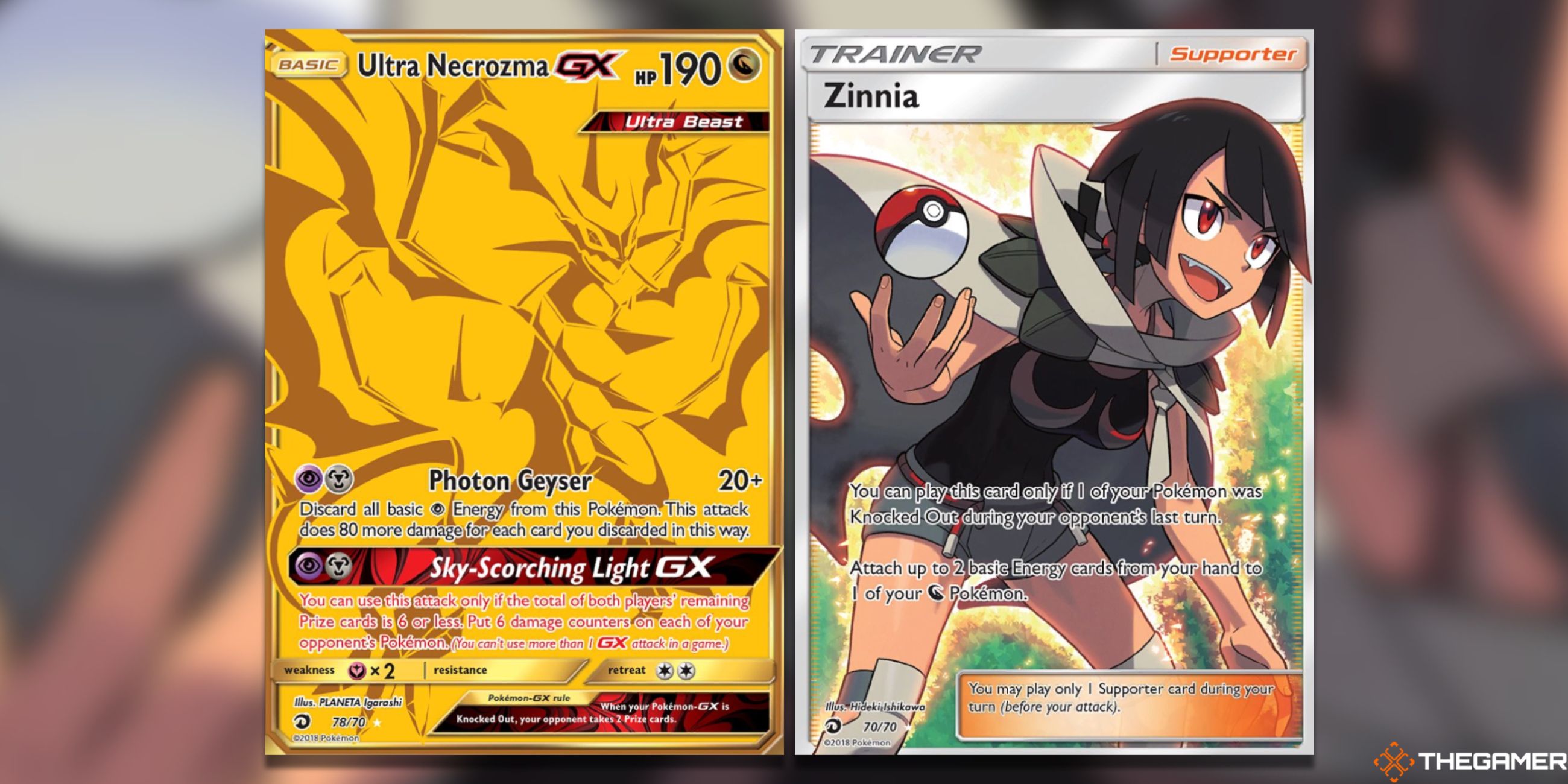 The Ultra Necrozma GX and Zinnia Full Art from Dragon Majesty in the Pokemon TCG.