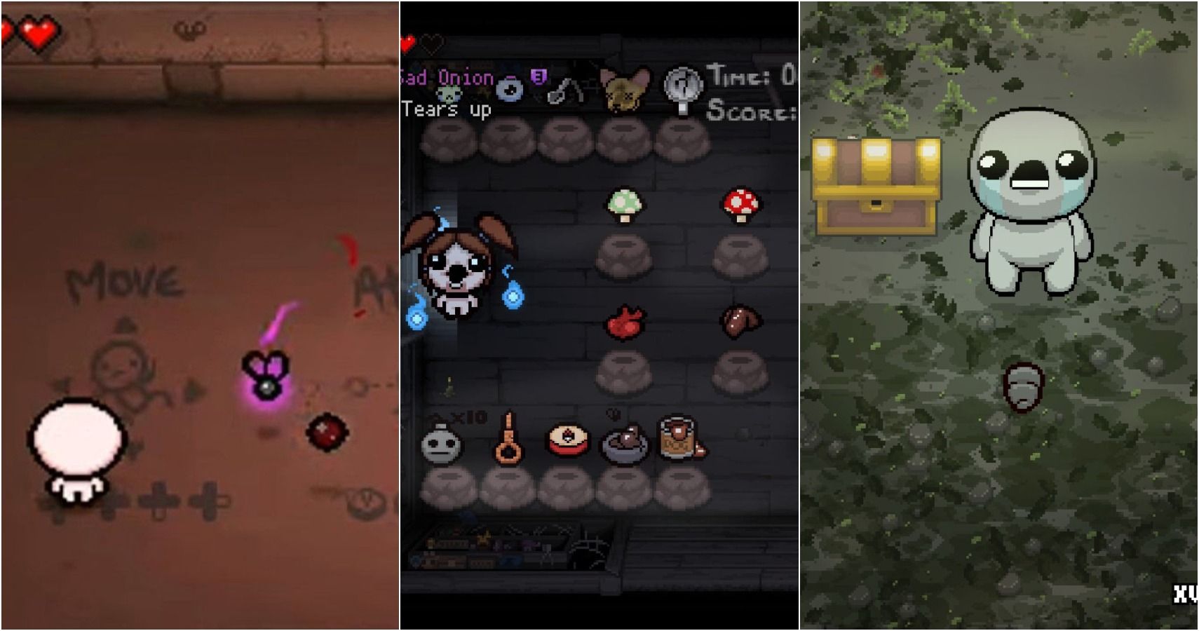 Split image of Isaac with Psy Fly, Death Certificate item room and large Isaac with treasure chest in the Binding of Isaac