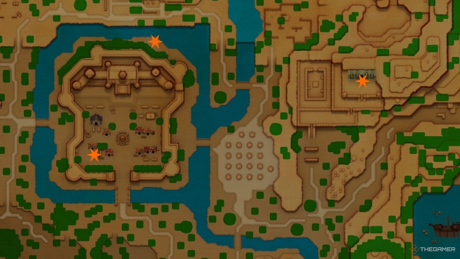 An image of Hyrule field east areas with Heart Containers marked.