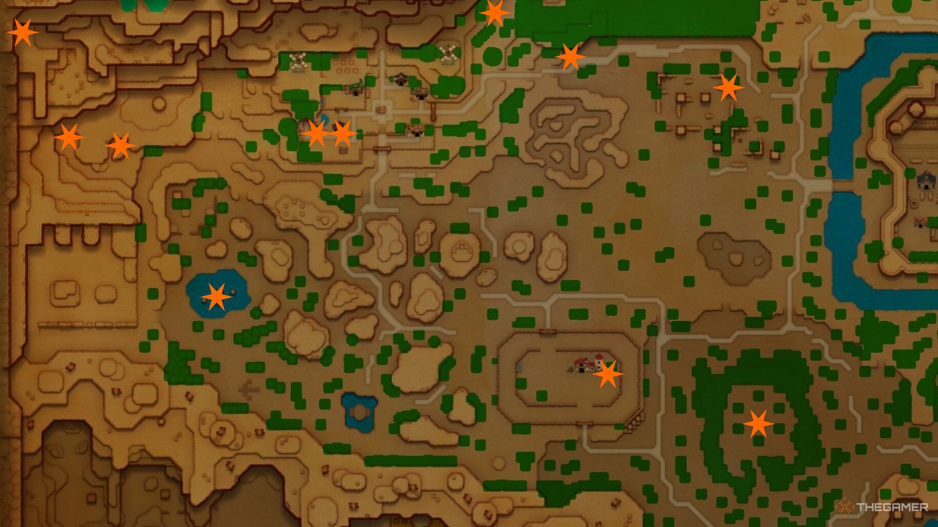 An image of Hyrule field west areas with Heart Containers marked.