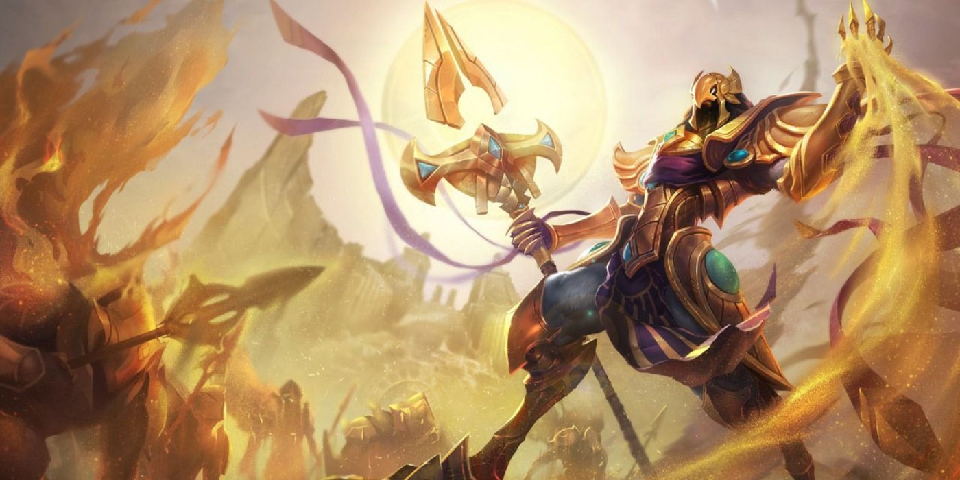 Azir using his magic to summon an army in his League of Legends splash art