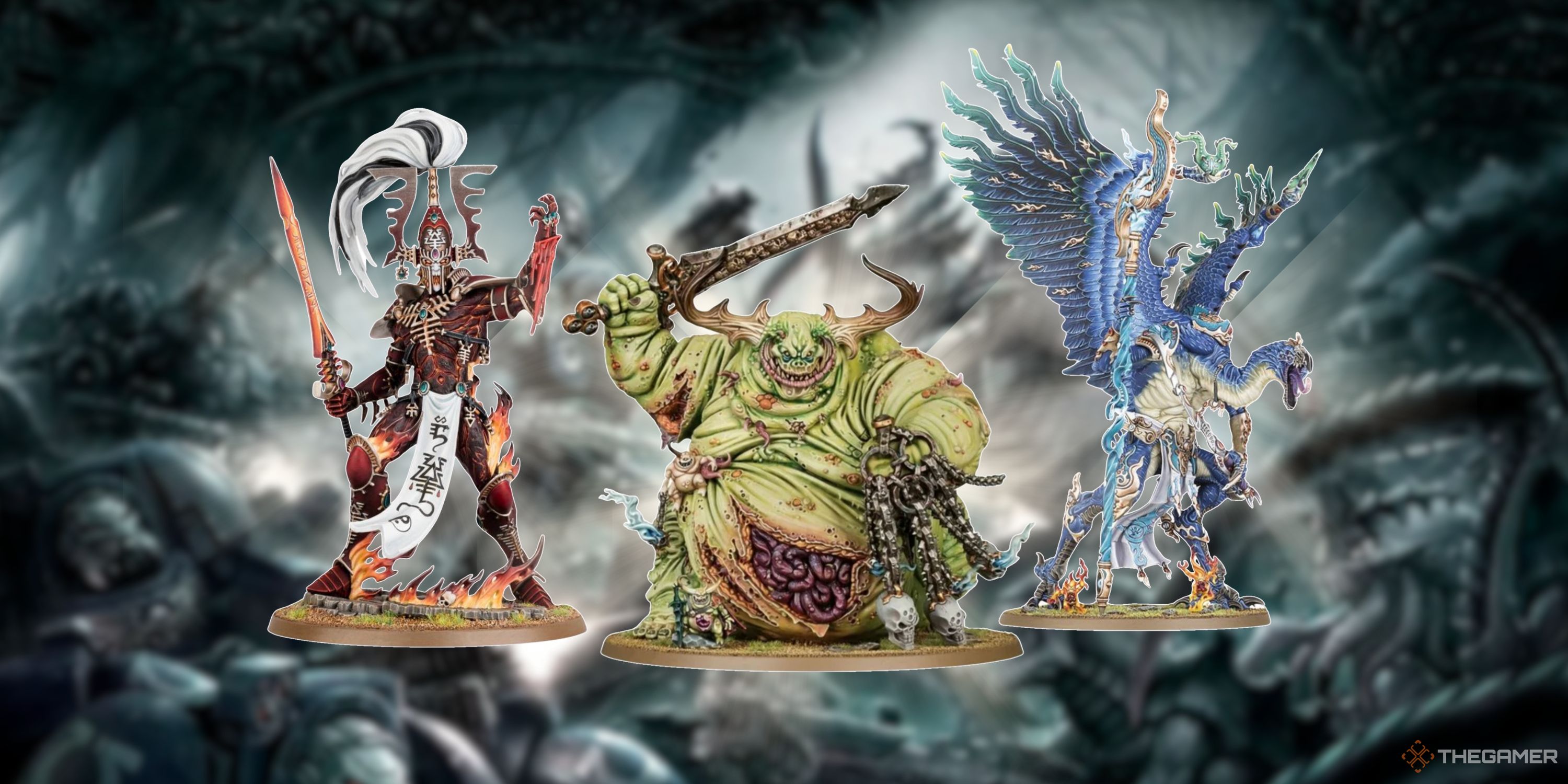 Collage image featuring three Warhammer 40,000 miniatures 