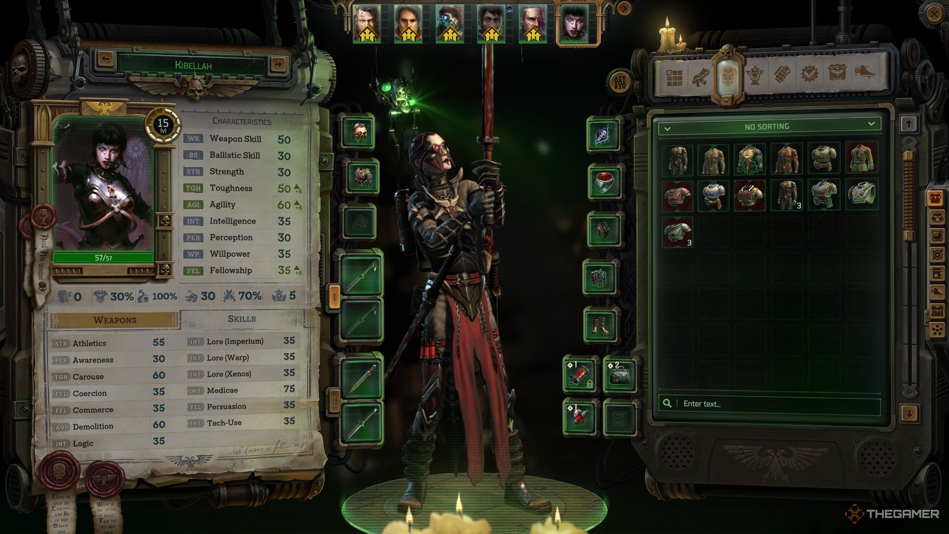 kibellah's inventory screen in warhammer 40k rogue trader, with silent verdict equipped.