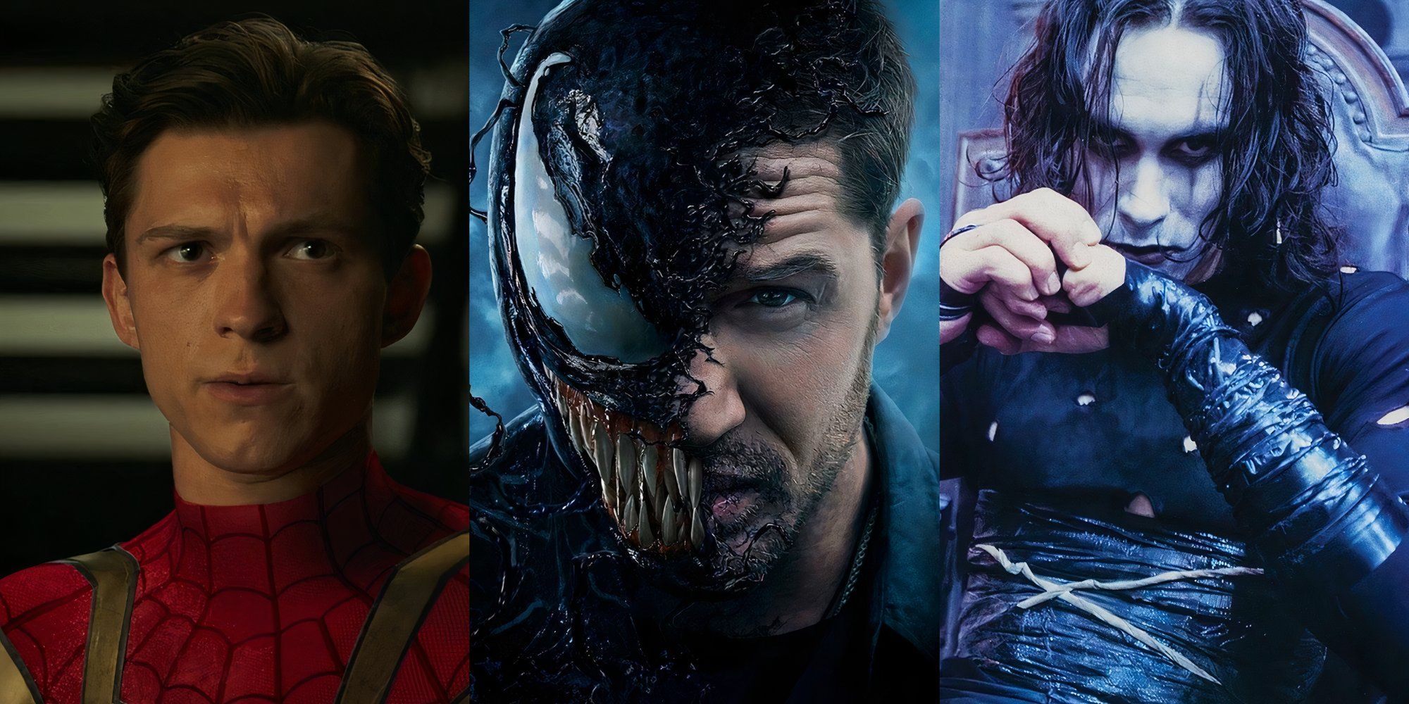 Tom Holland as Spider-Man, Tom Hardy as Eddie Brock and Venom, and Brandon Lee in The Crow