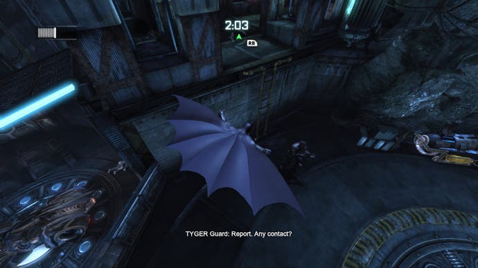 Batman swoops through the Batcave, cape billowing in this screen from Batman Arkham City. Text reads 