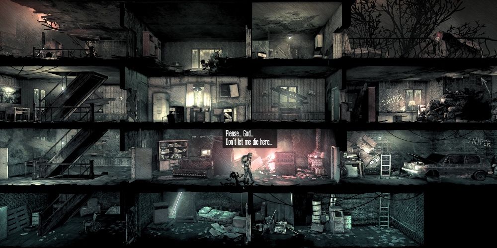 Wandering a large multi room building in This War Of Mine