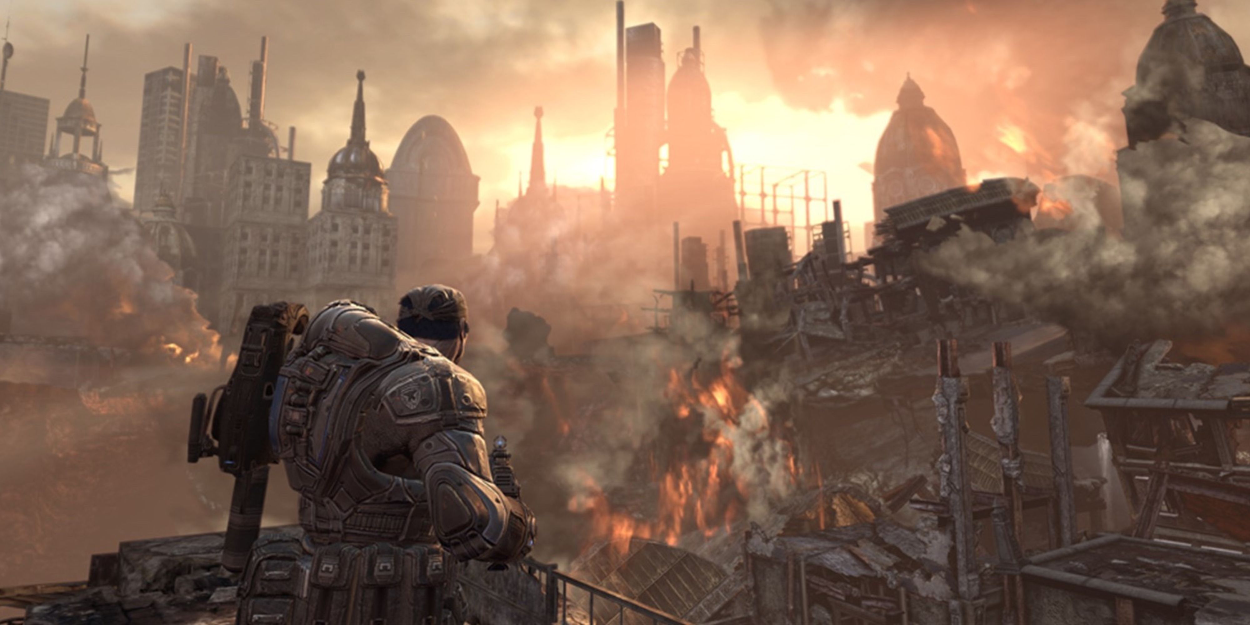 Soldier looks out at a destroyed city in Gears of War 2