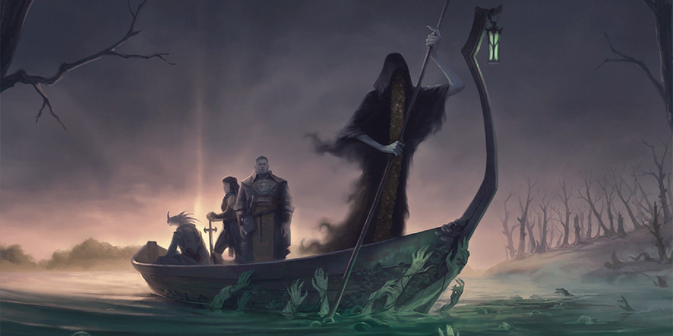 Dungeons & Dragons image showing dead adventurers traversing the river Styx.