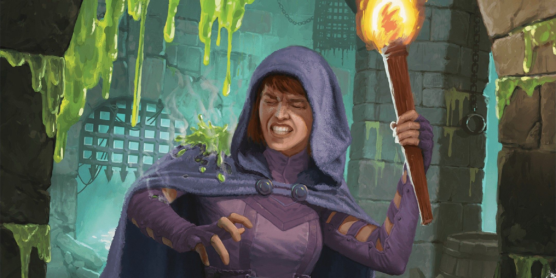 Dungeons & Dragons image showing an adventurer being hit by some slime.