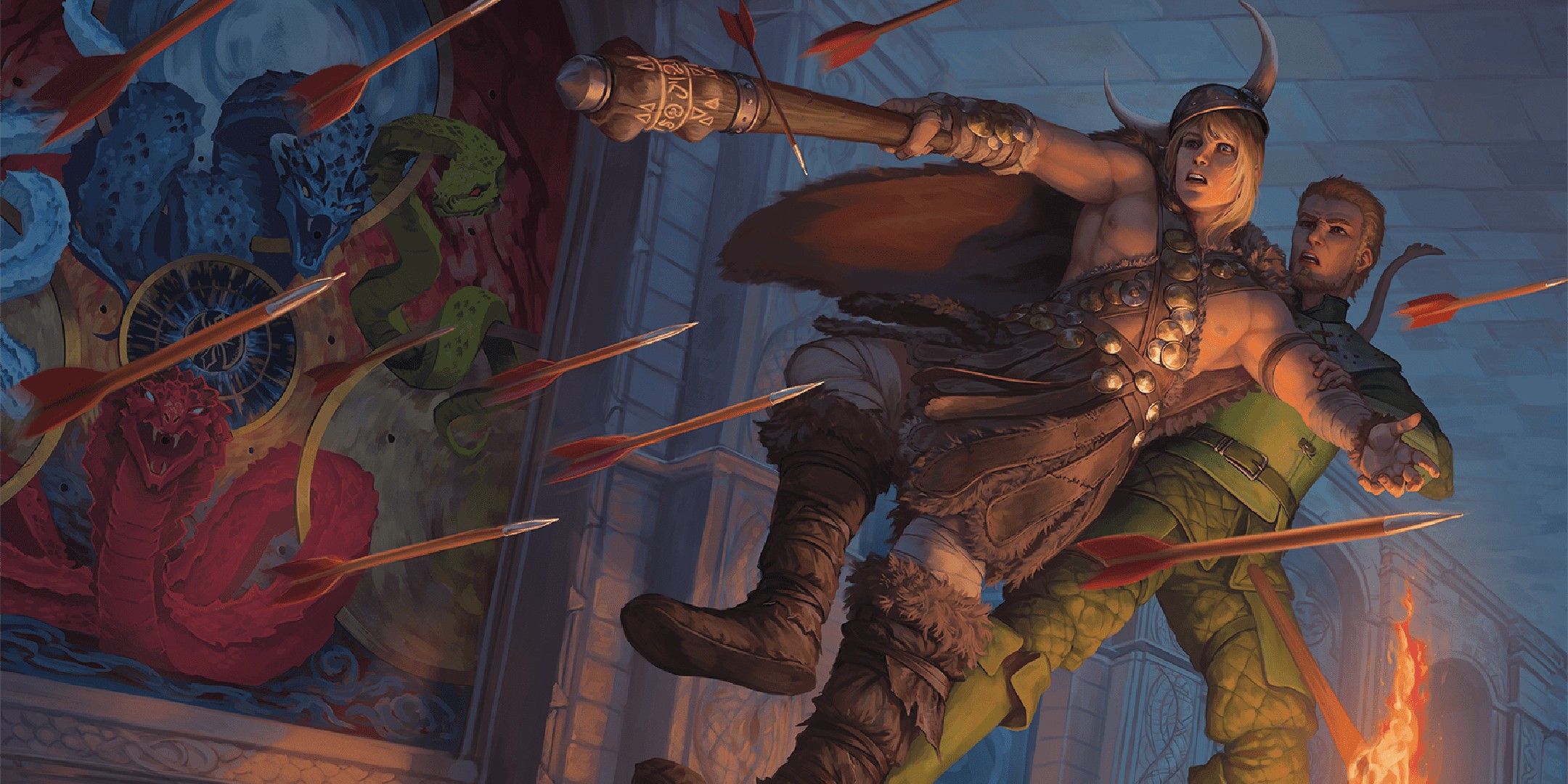 Dungeons & Dragons image showing two adventurers barely dodging an arrow trap.