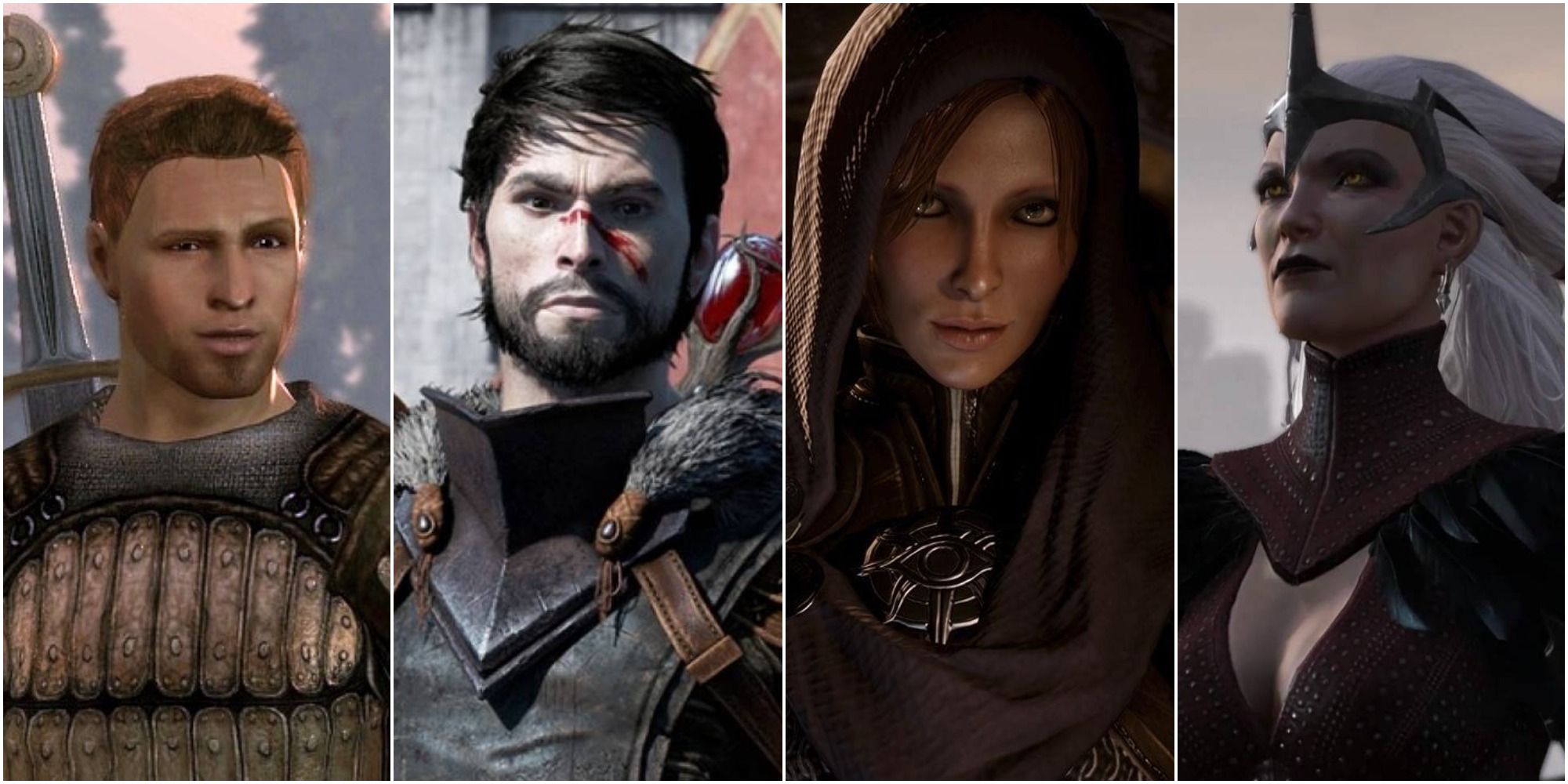 From left to right: Dragon Age's Alistair, Male Hawke, Leliana and Flemeth