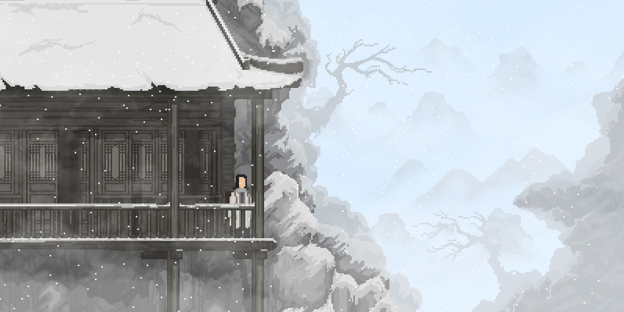 A character looking down from a balcony, into a snowy forest.