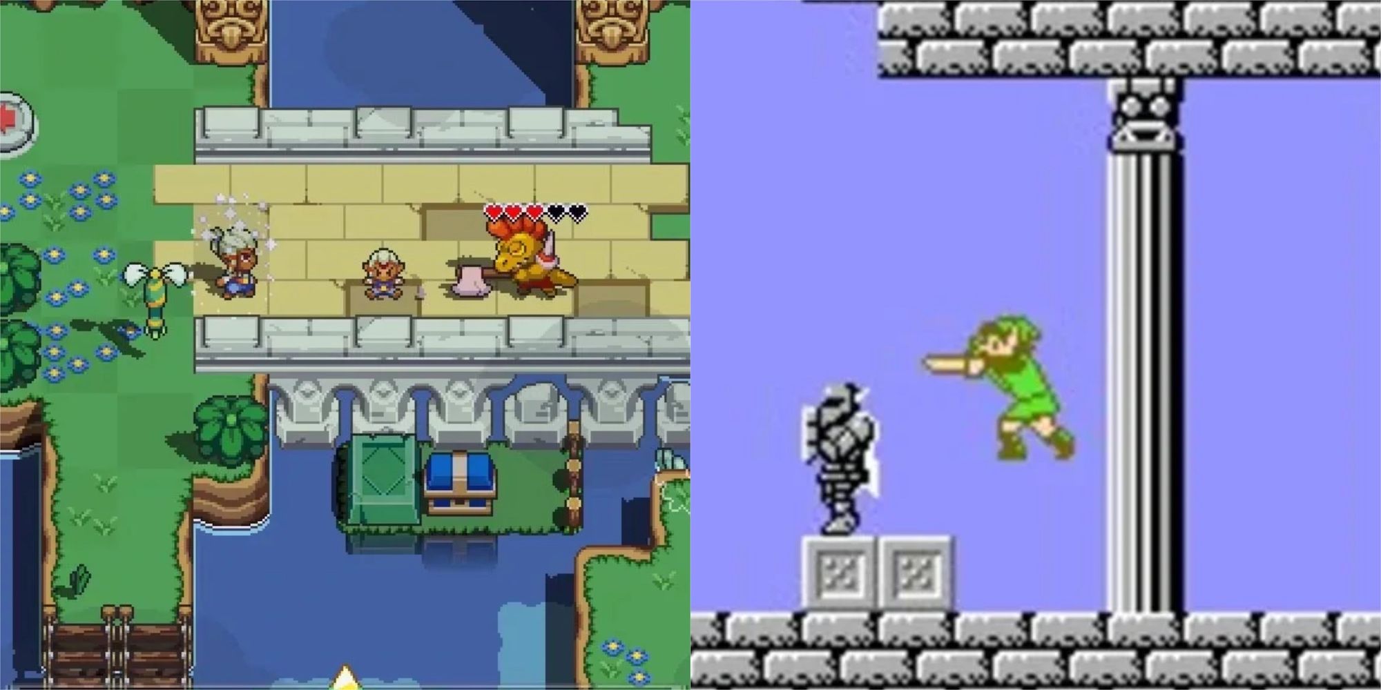 Cadence of Hyrule on the left, Zelda 2 on the right