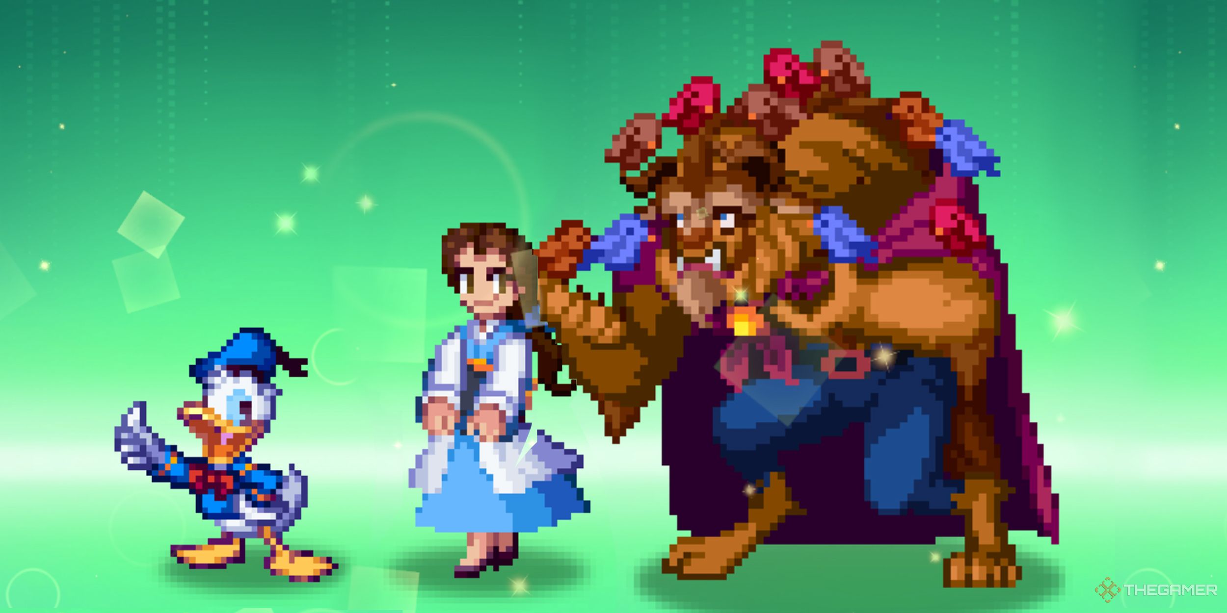 Disney Pixel RPG Donald Duck, Belle, and the Beast on a green background.