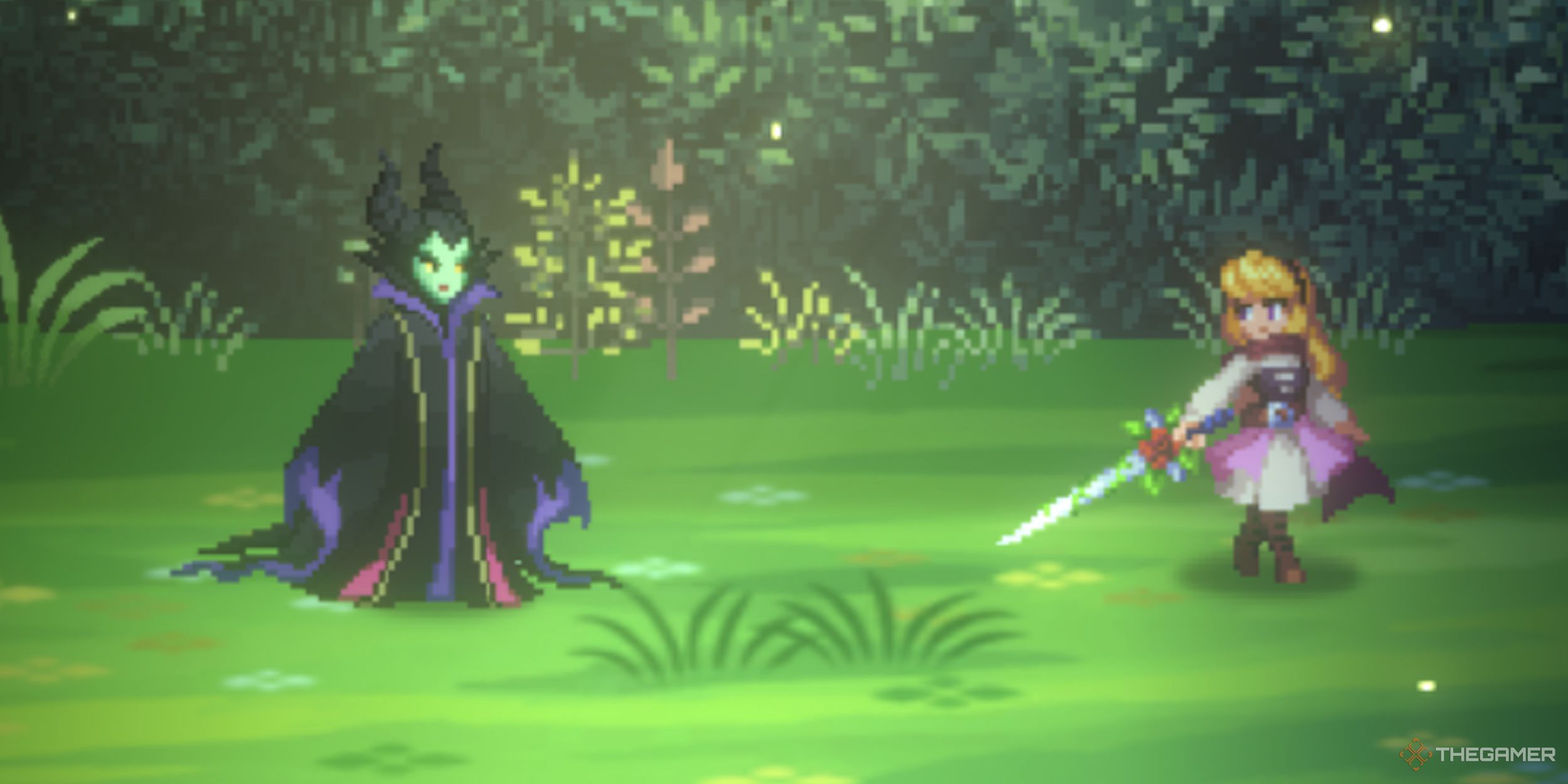 Disney Pixel RPG Maleficent and Aurora dueling in the forest.