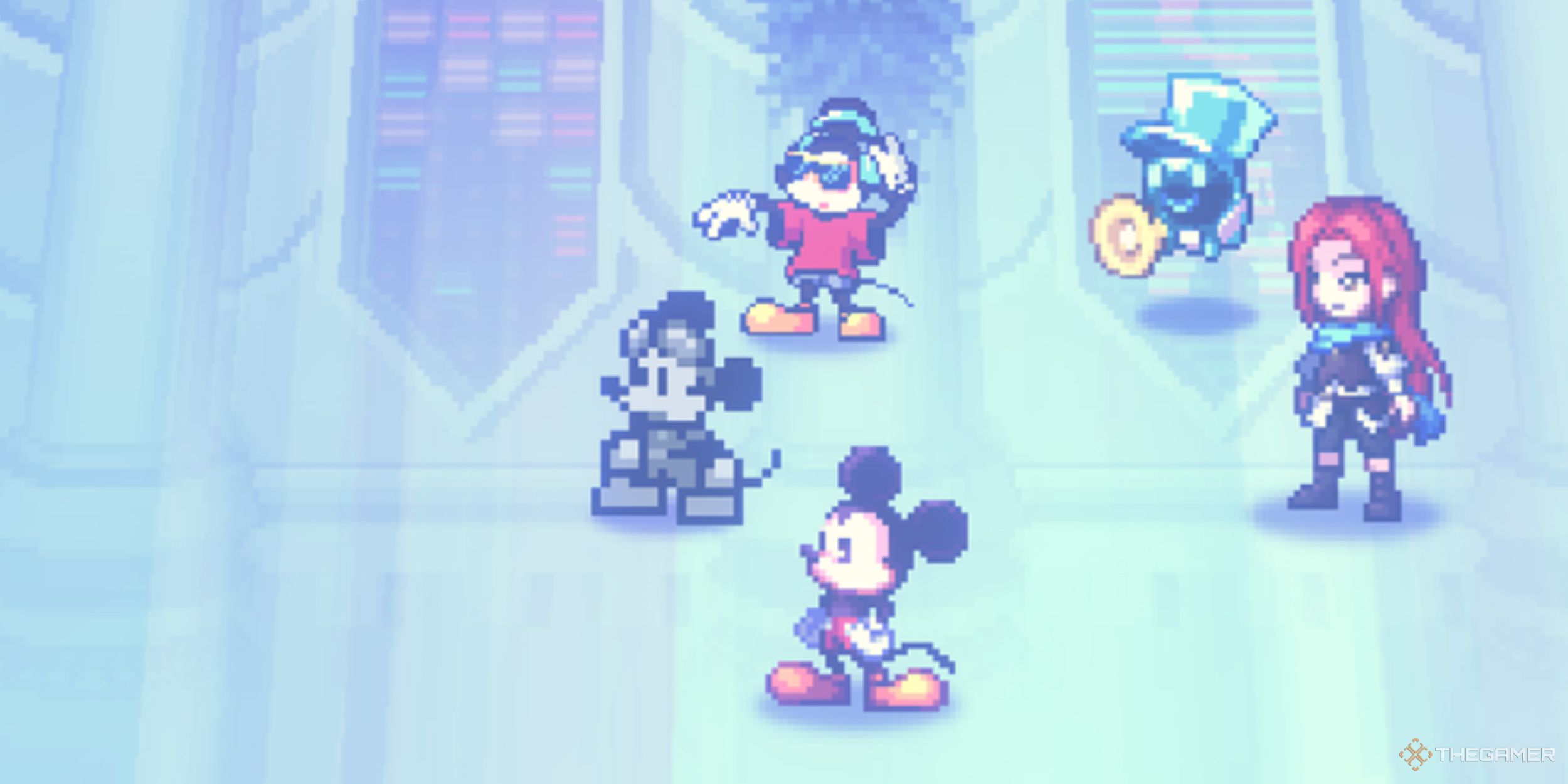 Disney Pixel RPG Mickeys with the avatar and the Repixies inside the castle.